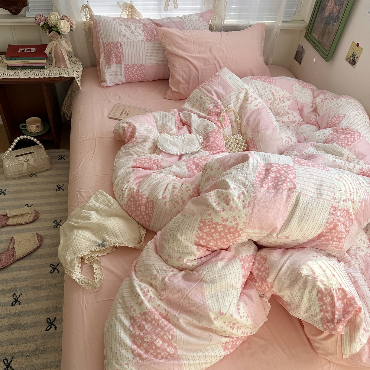 91家纺网 家纺一手货源 找家纺 原素 2026新春ins博主风双拼小碎花花卉水洗棉纱四件套 碎花粉格