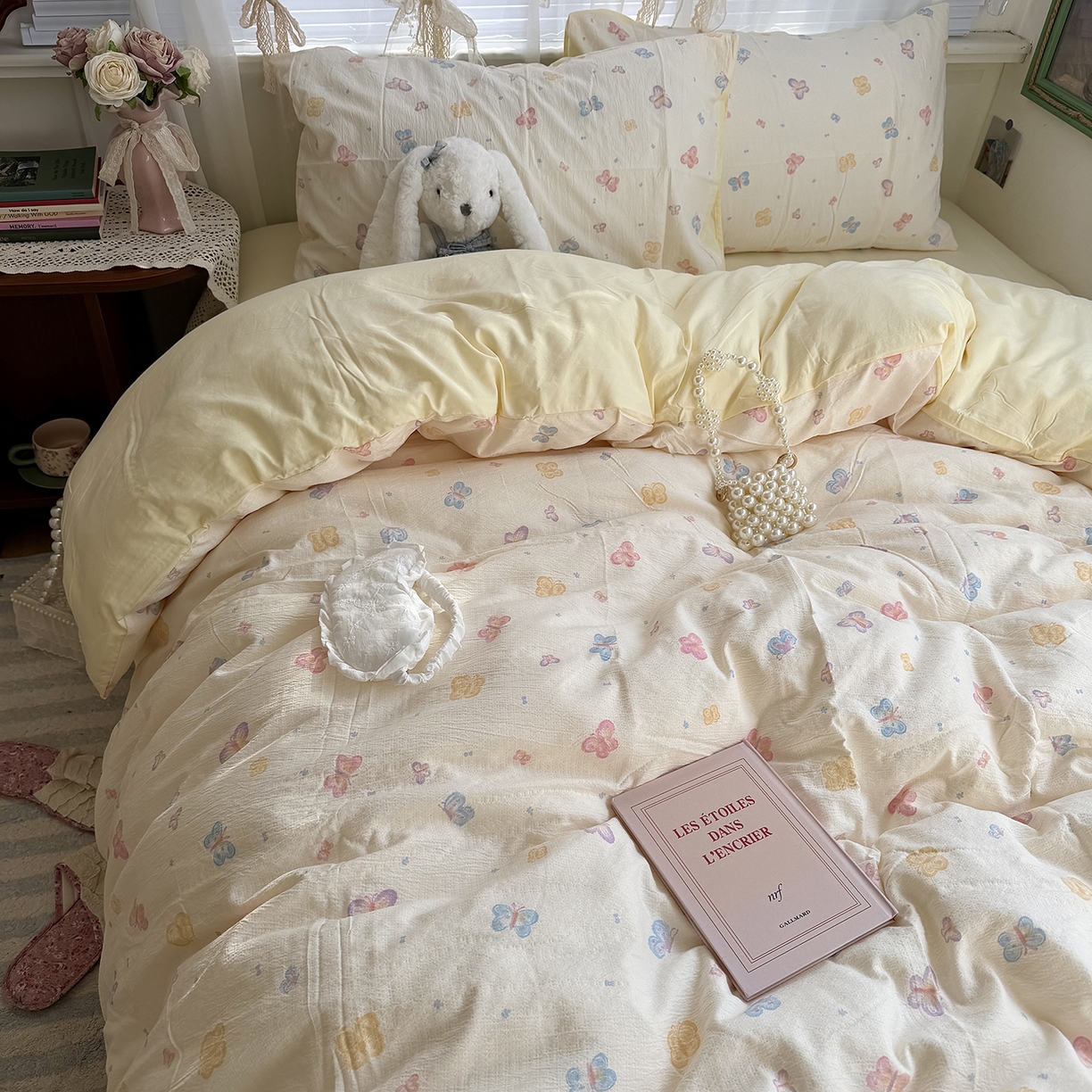 原素 2026新春ins博主风双拼小碎花花卉水洗棉纱四件套 七彩蝴蝶