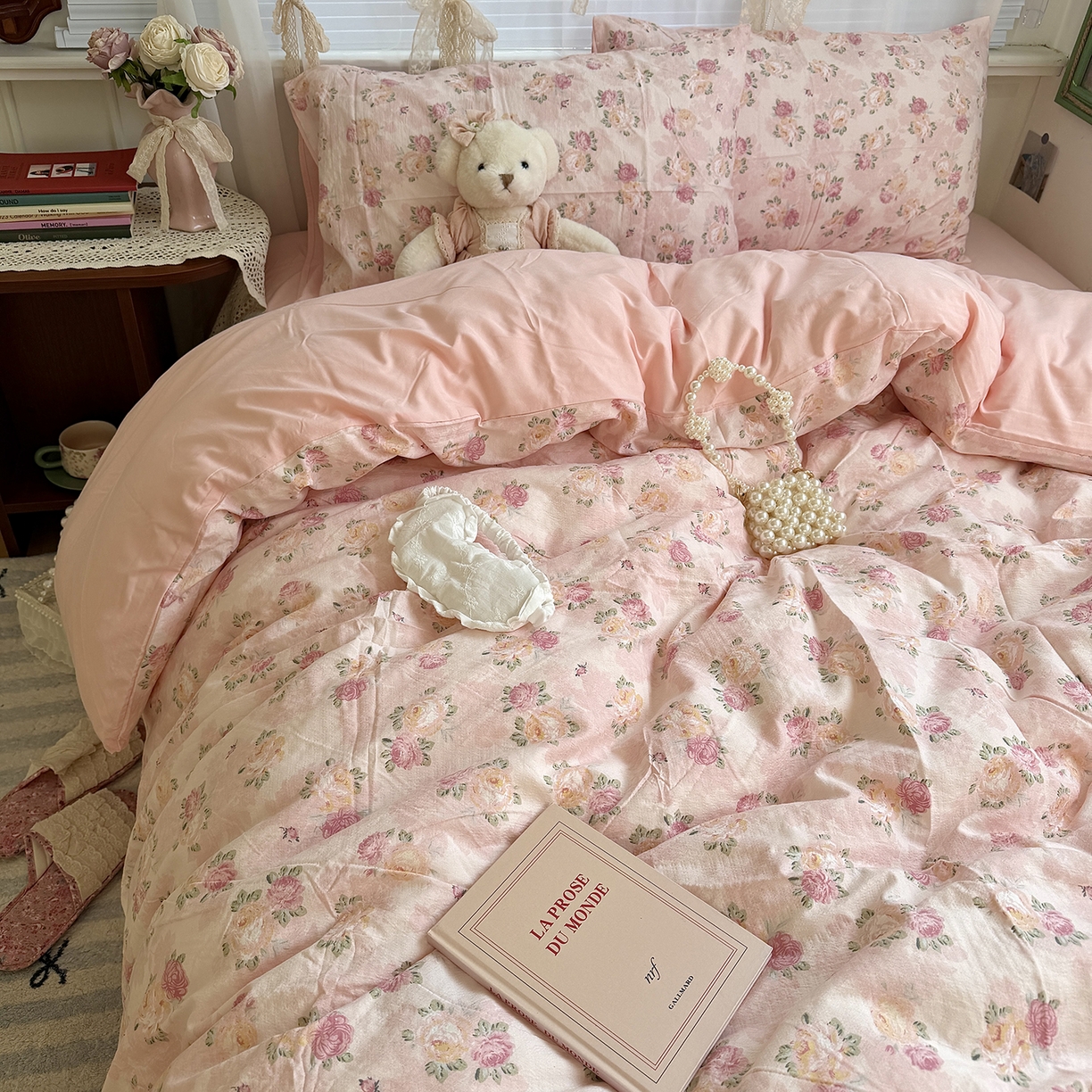 91家纺网 家纺一手货源 找家纺 原素 2026新春ins博主风双拼小碎花花卉水洗棉纱四件套 粉玫瑰