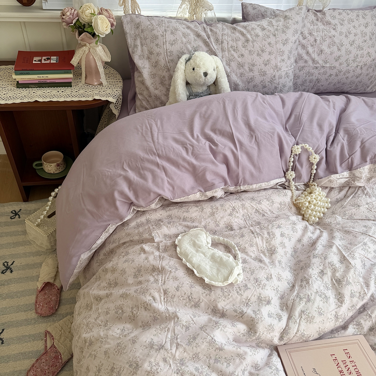 91家纺网 家纺一手货源 找家纺 原素 2026新春ins博主风双拼小碎花花卉水洗棉纱四件套 中古紫花