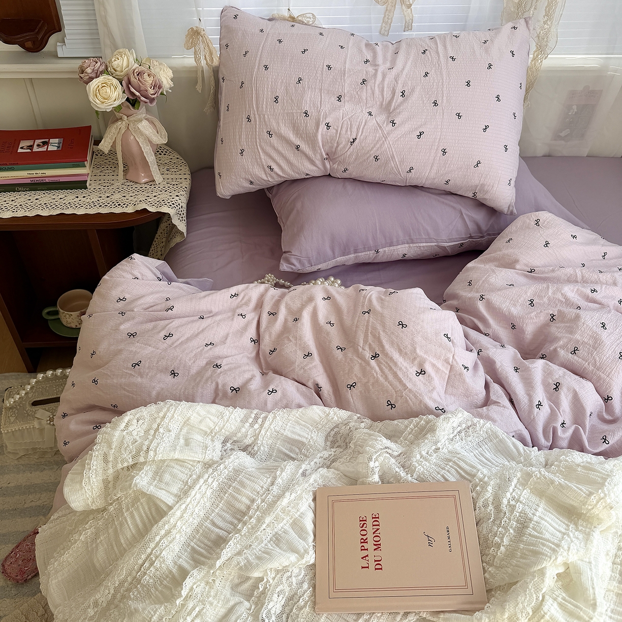 91家纺网 家纺一手货源 找家纺 原素 2026新春ins博主风双拼小碎花花卉水洗棉纱四件套 芋泥蝴蝶结