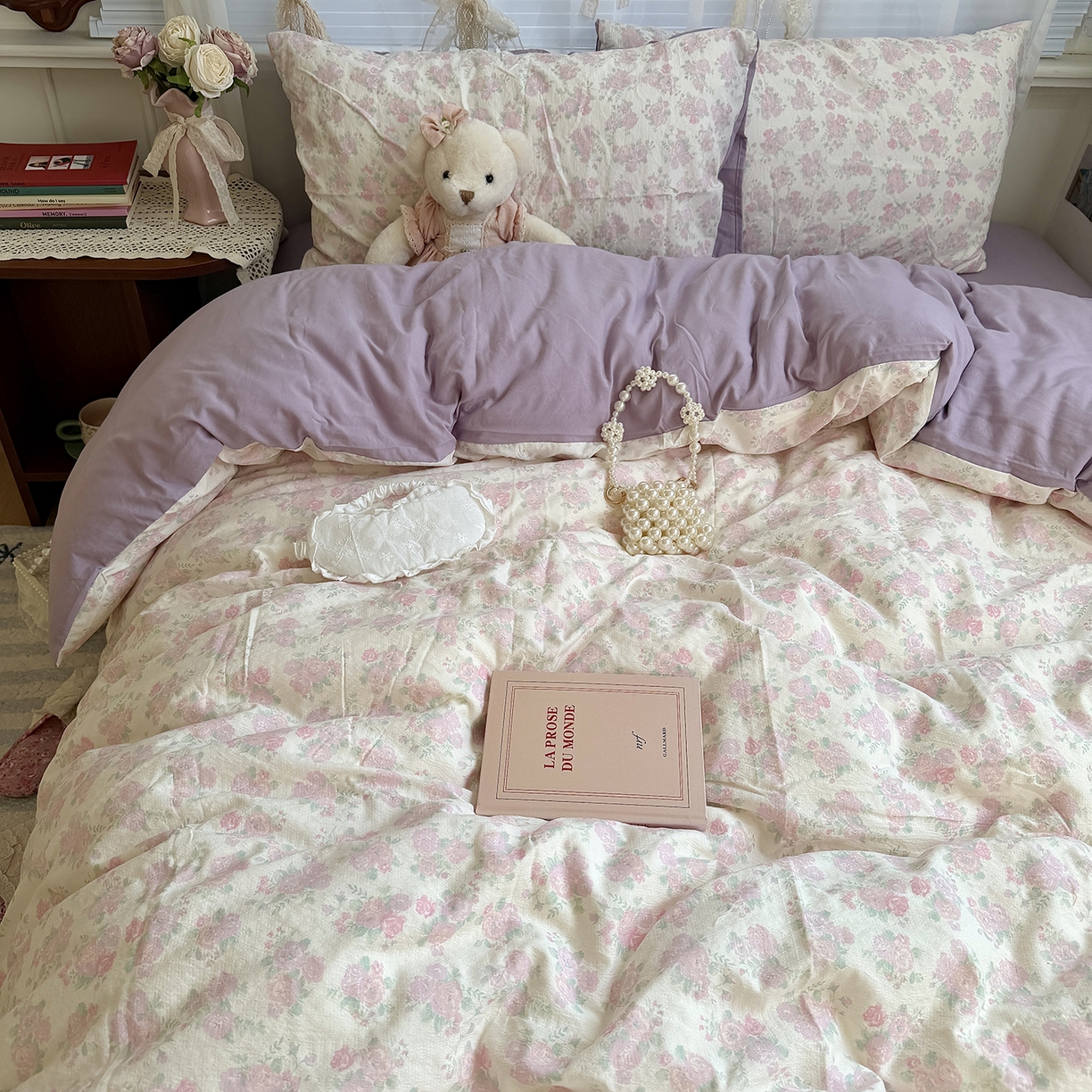 91家纺网 家纺一手货源 找家纺 原素 2026新春ins博主风双拼小碎花花卉水洗棉纱四件套 海芋