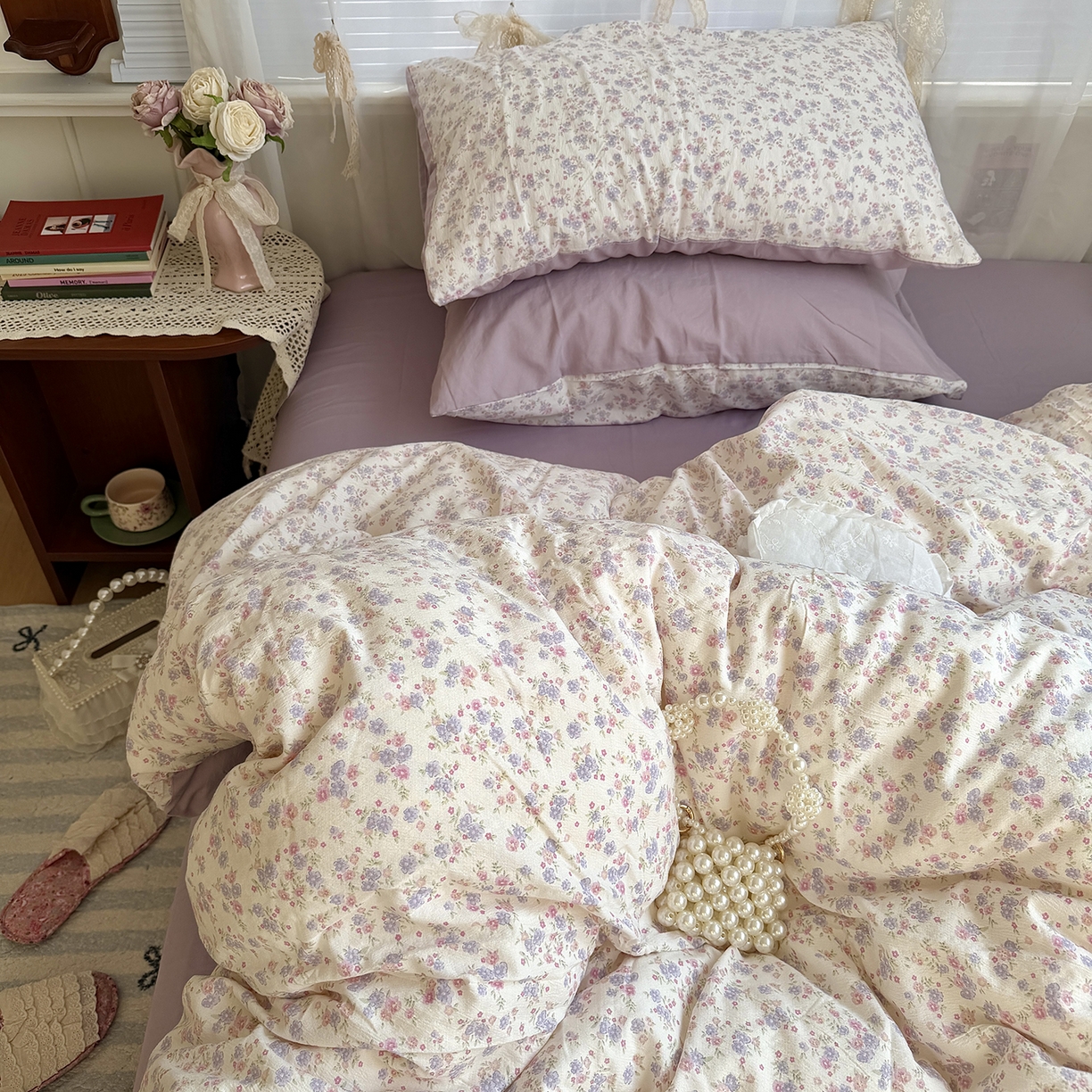 91家纺网 家纺一手货源 找家纺 原素 2026新春ins博主风双拼小碎花花卉水洗棉纱四件套 花团紫