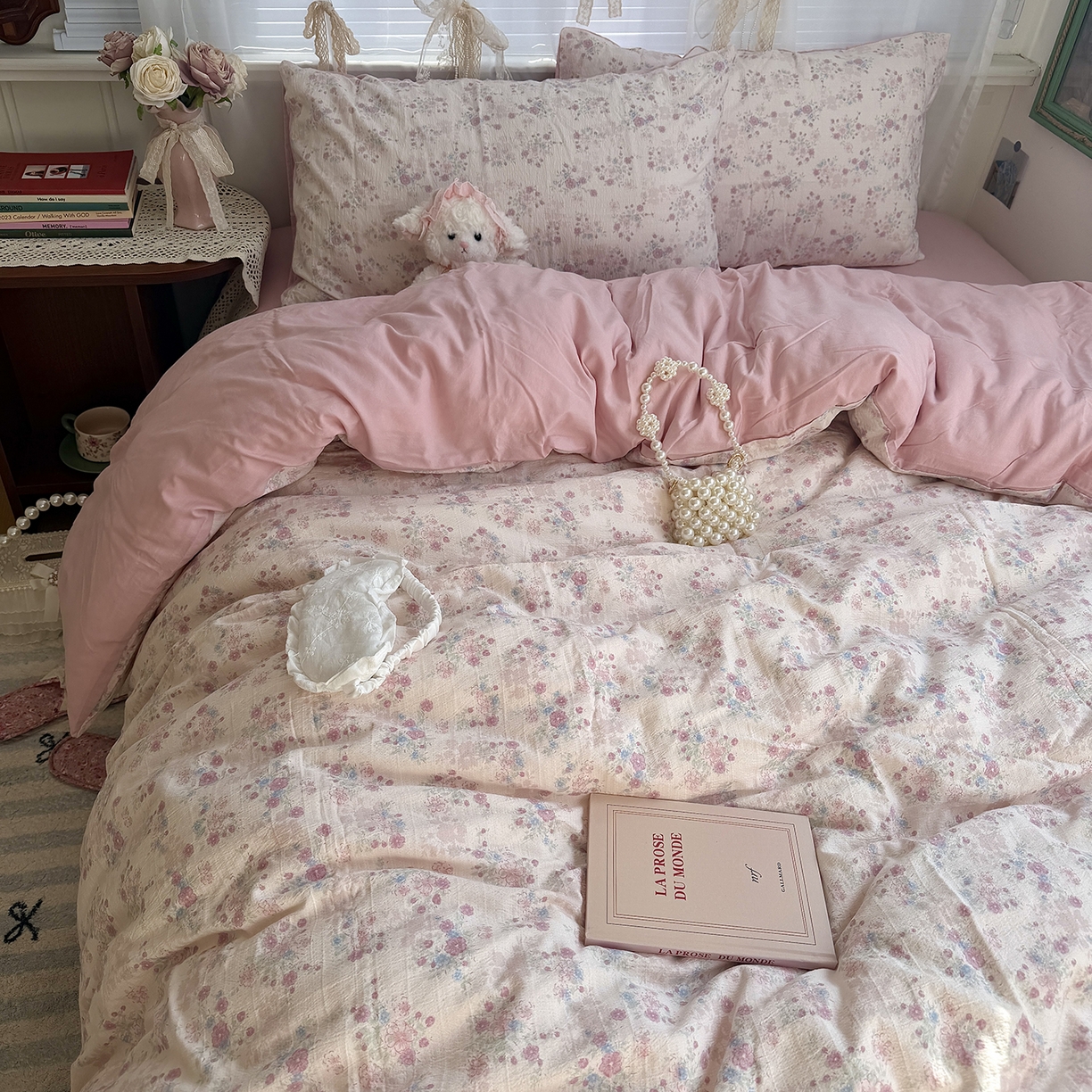 91家纺网 家纺一手货源 找家纺 原素 2026新春ins博主风双拼小碎花花卉水洗棉纱四件套 胭脂粉