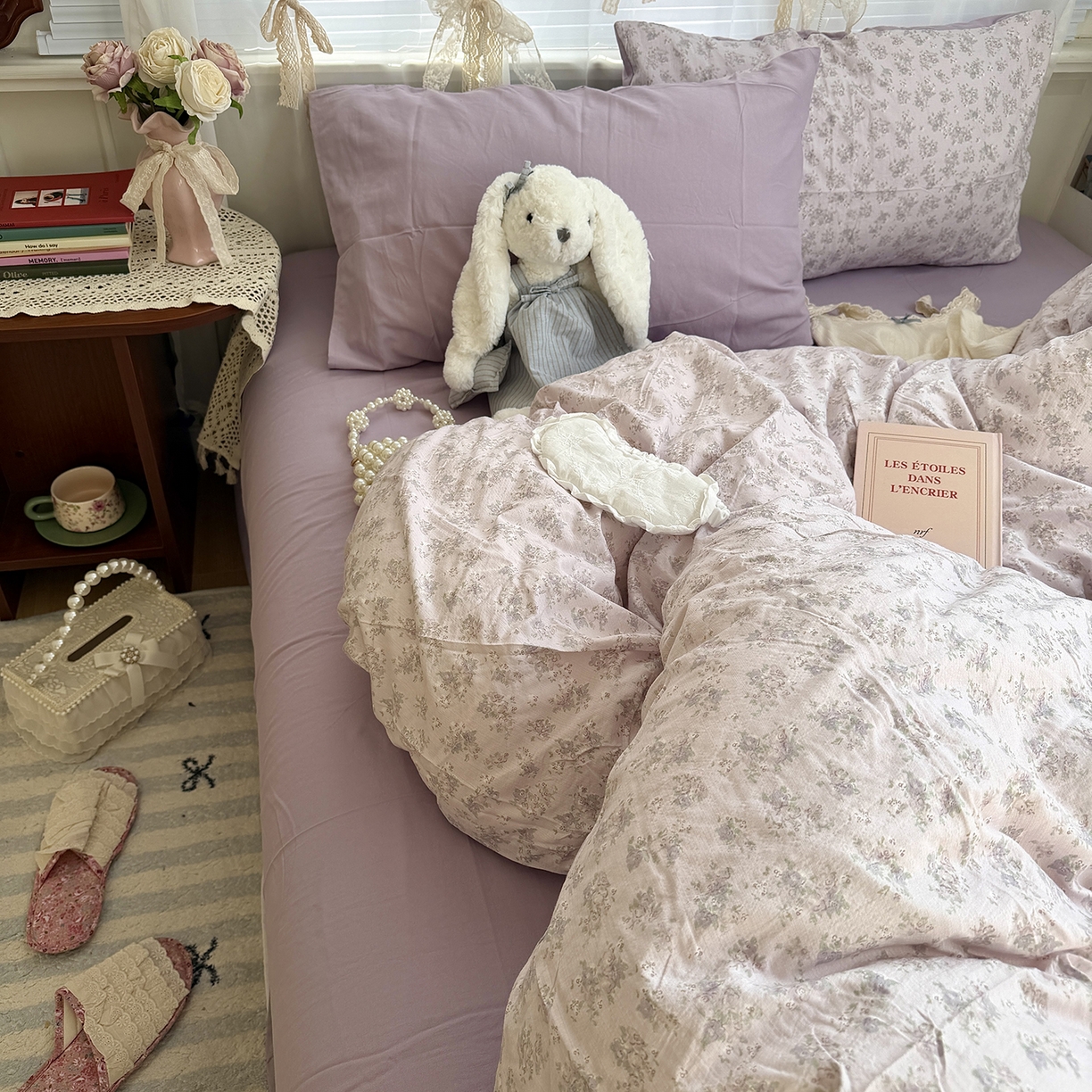 91家纺网 家纺一手货源 找家纺 原素 2026新春ins博主风双拼小碎花花卉水洗棉纱四件套 中古紫花