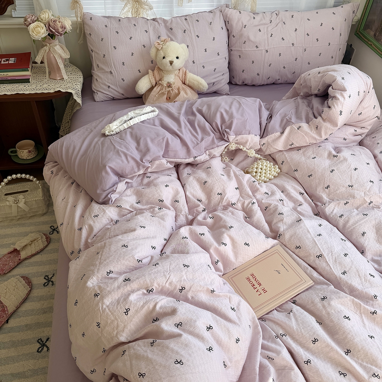 91家纺网 家纺一手货源 找家纺 原素 2026新春ins博主风双拼小碎花花卉水洗棉纱四件套 芋泥蝴蝶结