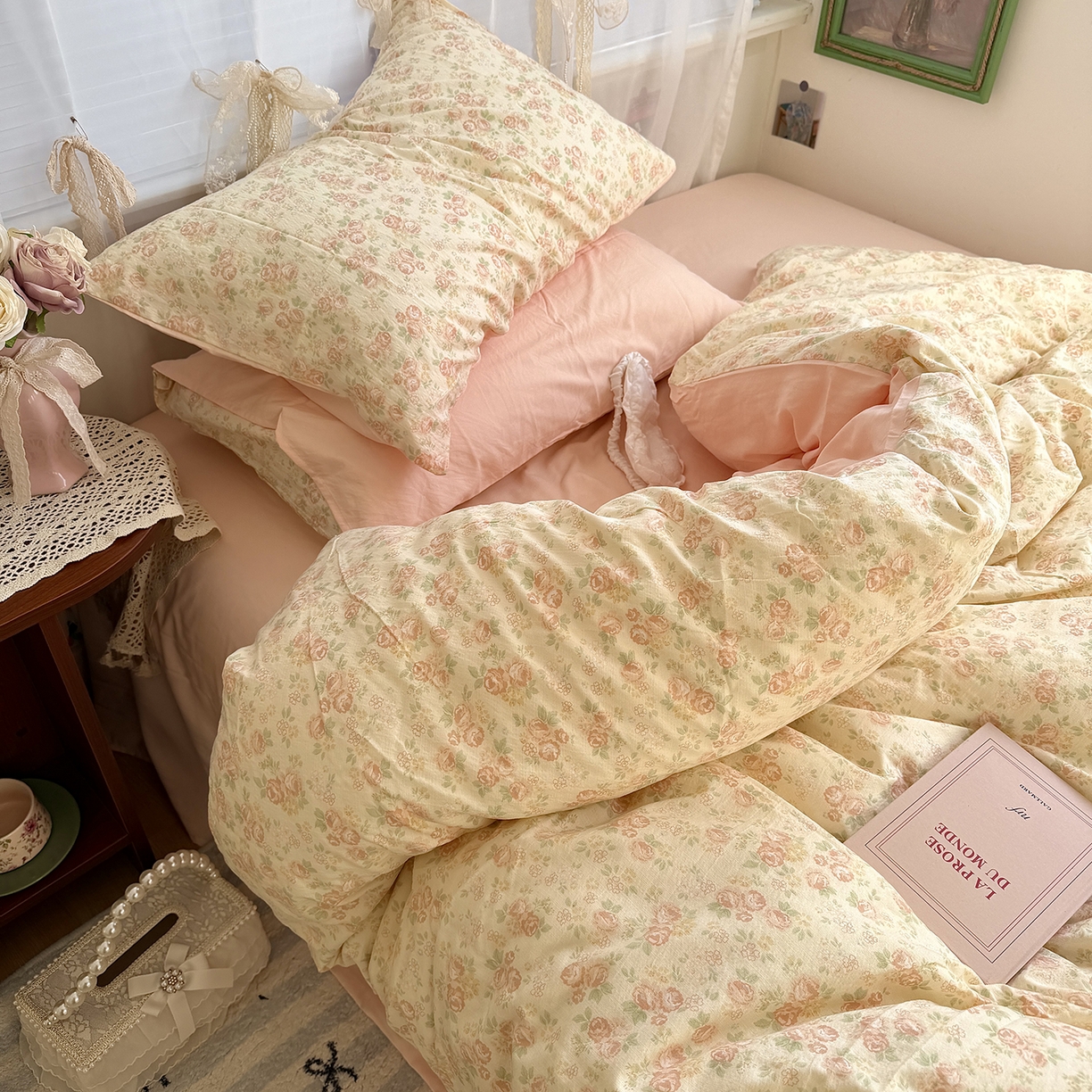 91家纺网 家纺一手货源 找家纺 原素 2026新春ins博主风双拼小碎花花卉水洗棉纱四件套 依恋