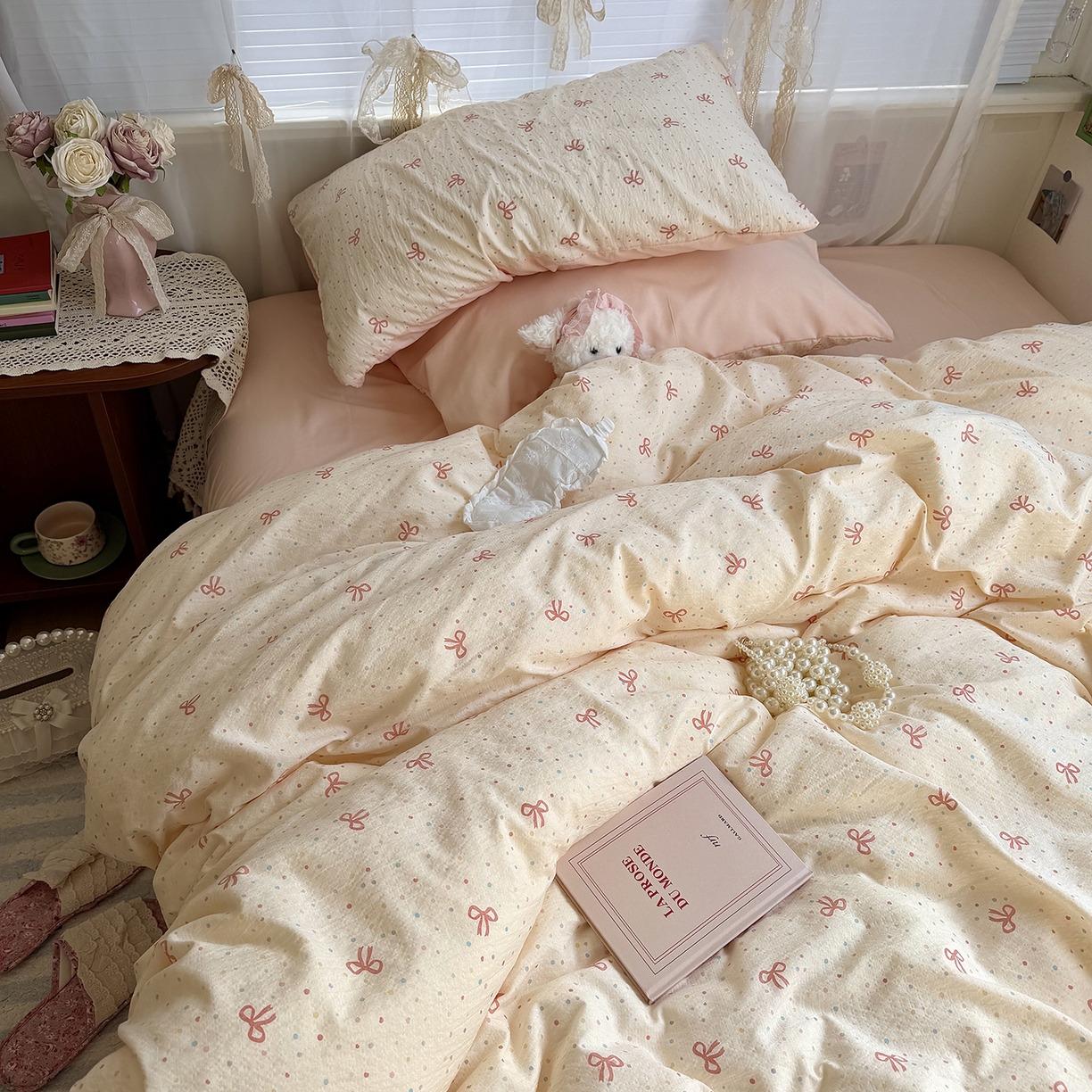 91家纺网 家纺一手货源 找家纺 原素 2026新春ins博主风双拼小碎花花卉水洗棉纱四件套 少女蝴蝶结