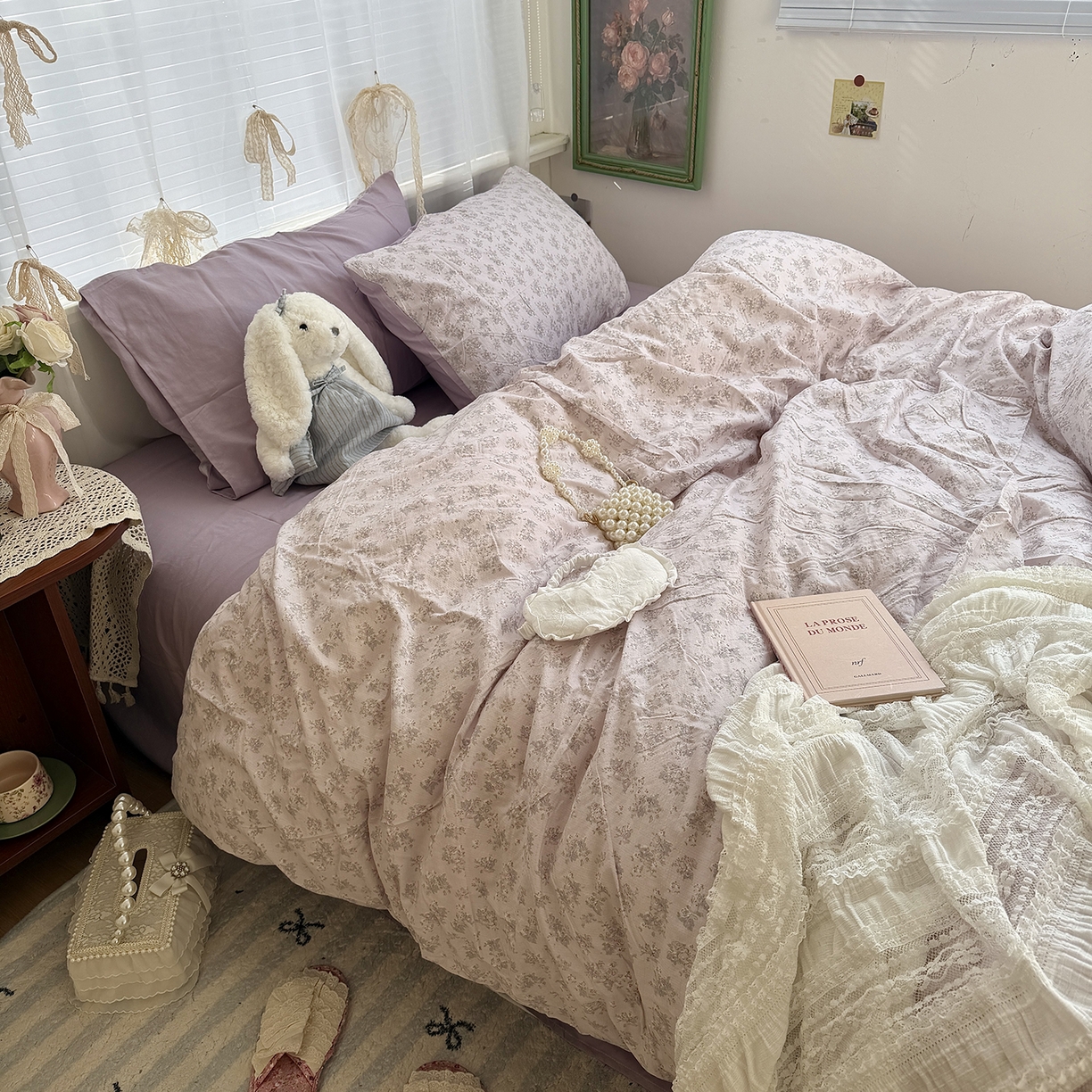 91家纺网 家纺一手货源 找家纺 原素 2026新春ins博主风双拼小碎花花卉水洗棉纱四件套 中古紫花