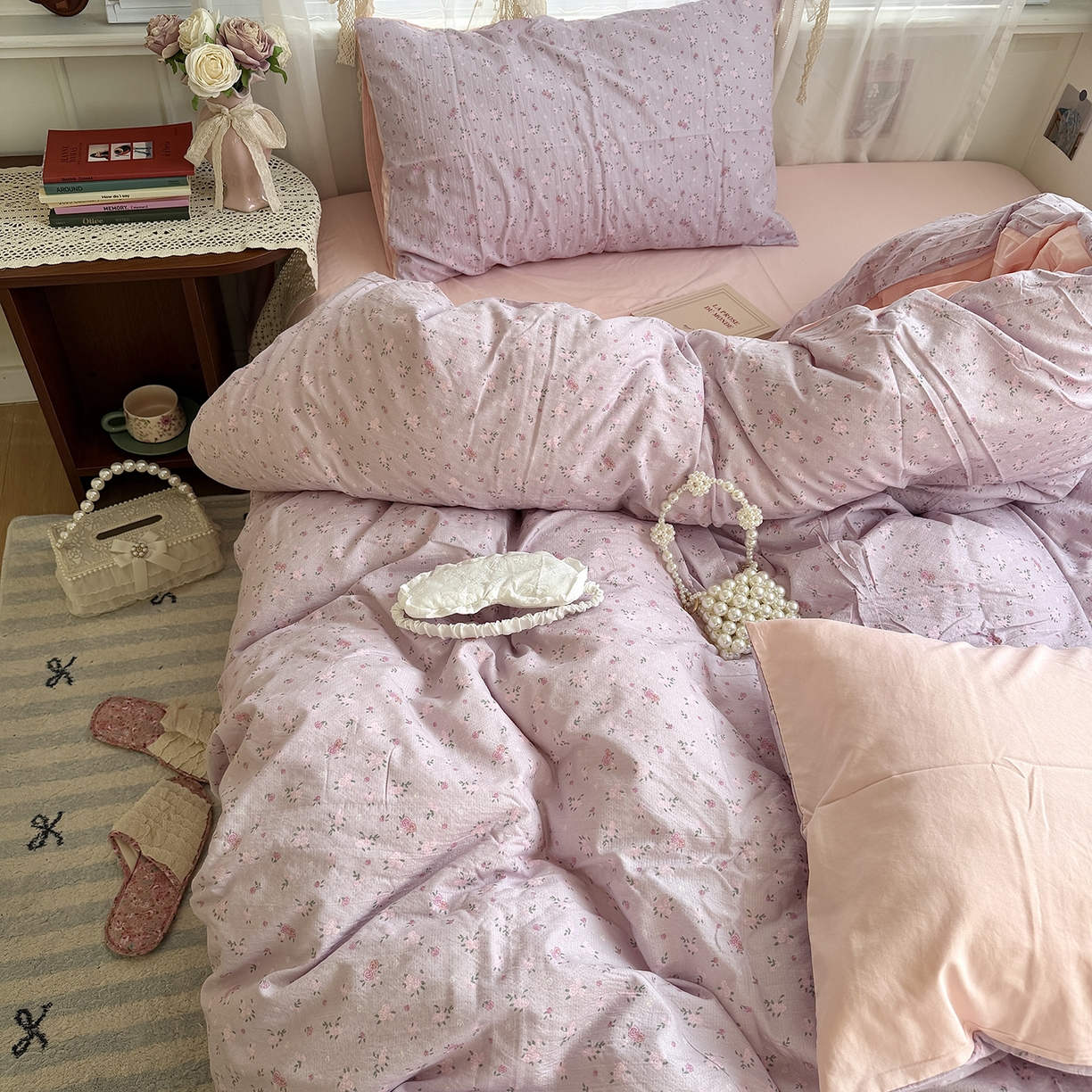 91家纺网 家纺一手货源 找家纺 原素 2026新春ins博主风双拼小碎花花卉水洗棉纱四件套 紫妍