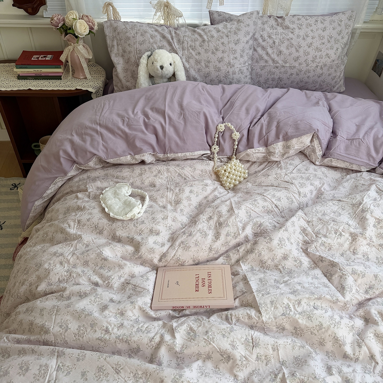 91家纺网 家纺一手货源 找家纺 原素 2026新春ins博主风双拼小碎花花卉水洗棉纱四件套 中古紫花