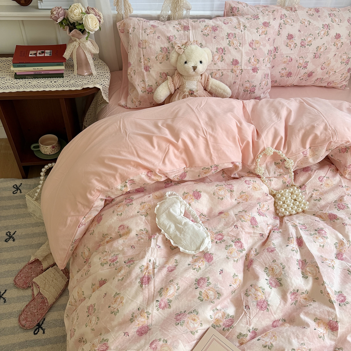 91家纺网 家纺一手货源 找家纺 原素 2026新春ins博主风双拼小碎花花卉水洗棉纱四件套 粉玫瑰