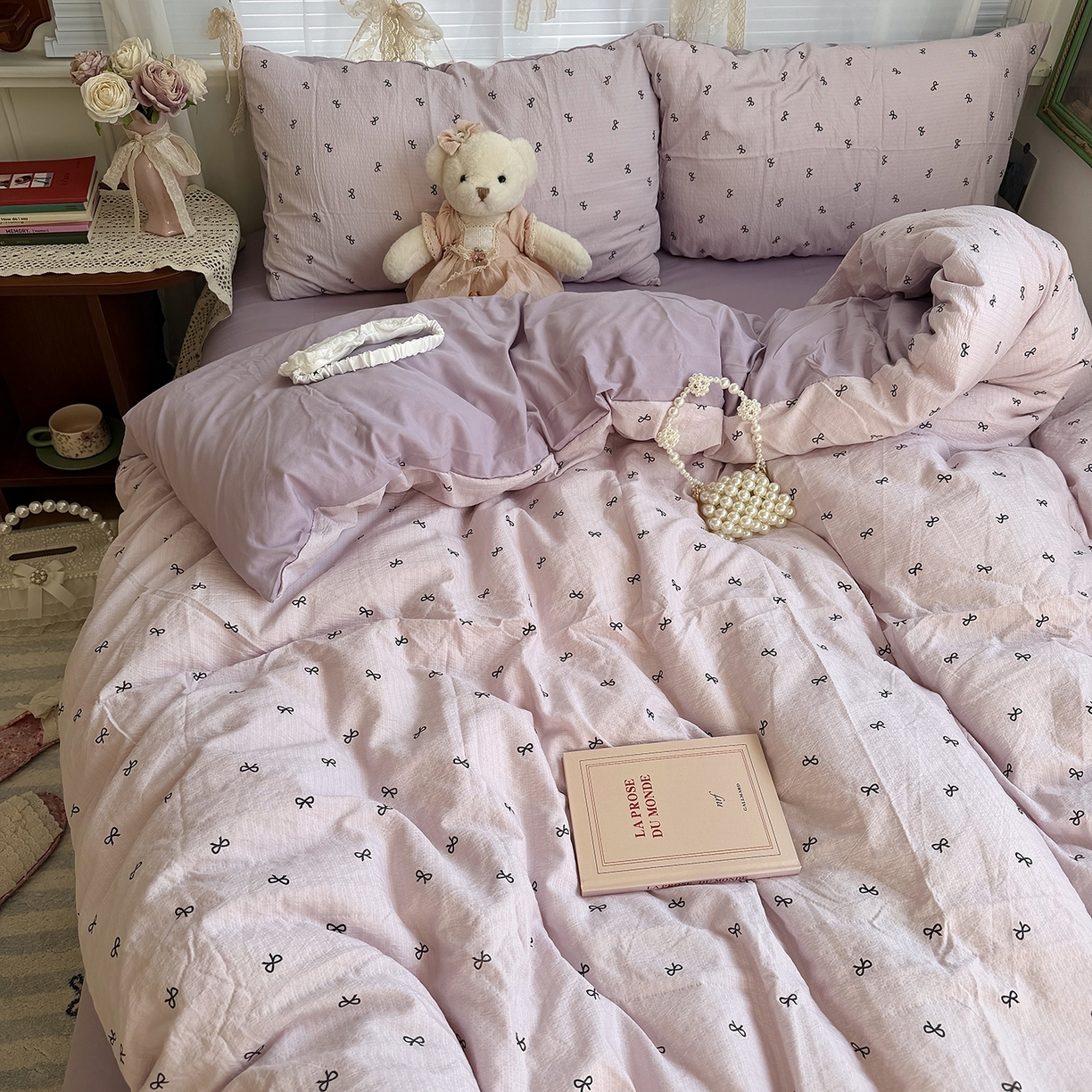 91家纺网 家纺一手货源 找家纺 原素 2026新春ins博主风双拼小碎花花卉水洗棉纱四件套 芋泥蝴蝶结