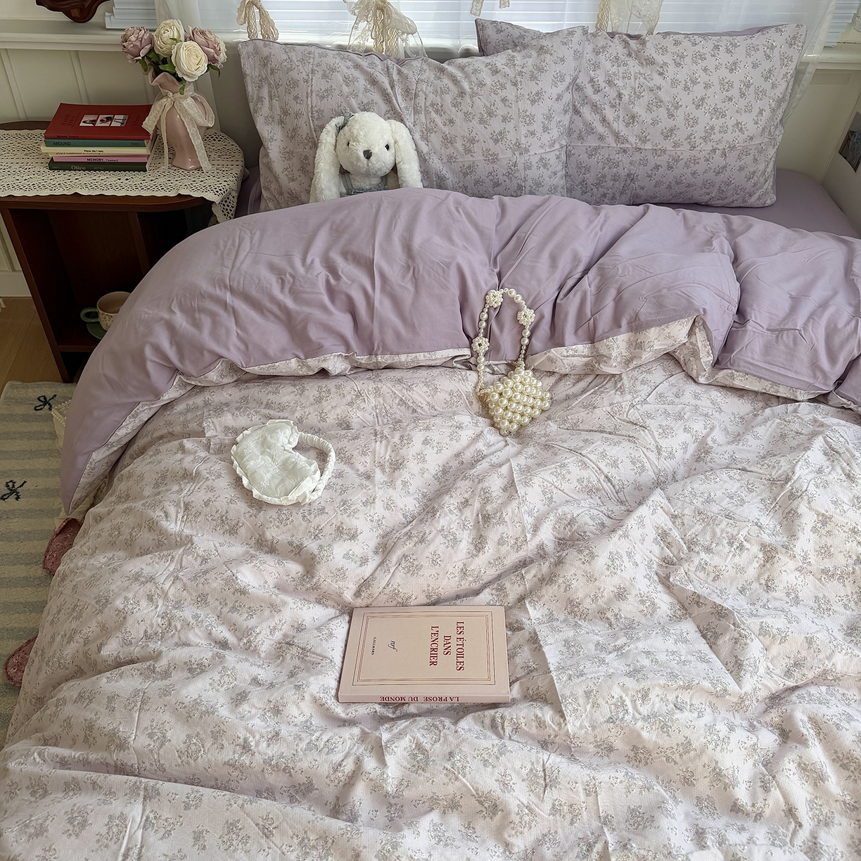 91家纺网 家纺一手货源 找家纺 原素 2026新春ins博主风双拼小碎花花卉水洗棉纱四件套 中古紫花