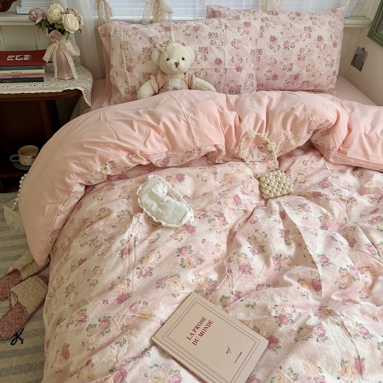 91家纺网 家纺一手货源 找家纺 原素 2026新春ins博主风双拼小碎花花卉水洗棉纱四件套 粉玫瑰