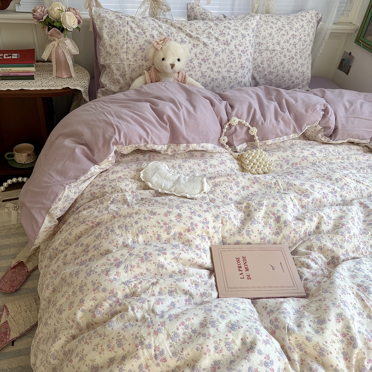 91家纺网 家纺一手货源 找家纺 原素 2026新春ins博主风双拼小碎花花卉水洗棉纱四件套 花团紫