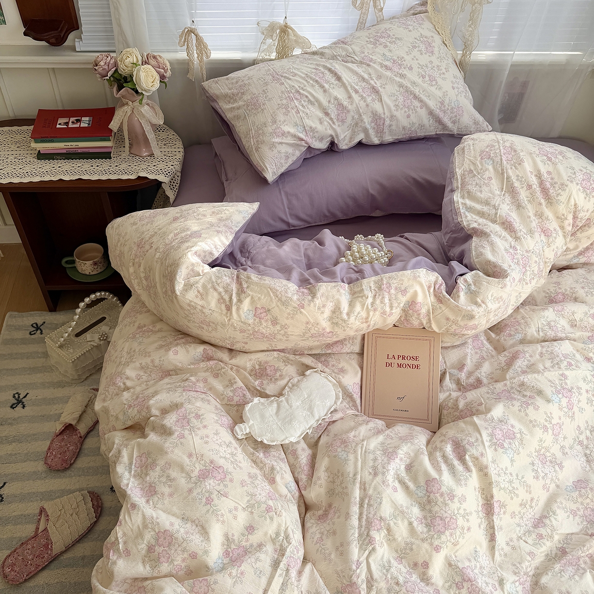 91家纺网 家纺一手货源 找家纺 原素 2026新春ins博主风双拼小碎花花卉水洗棉纱四件套 紫苑