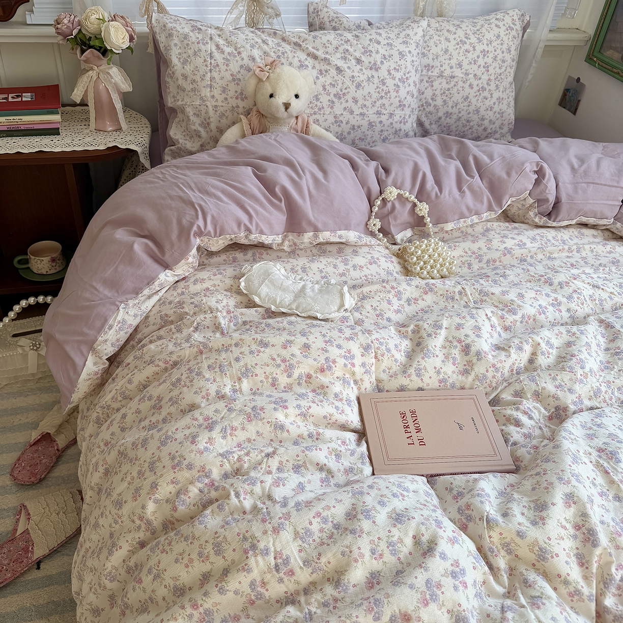 91家纺网 家纺一手货源 找家纺 原素 2026新春ins博主风双拼小碎花花卉水洗棉纱四件套 花团紫