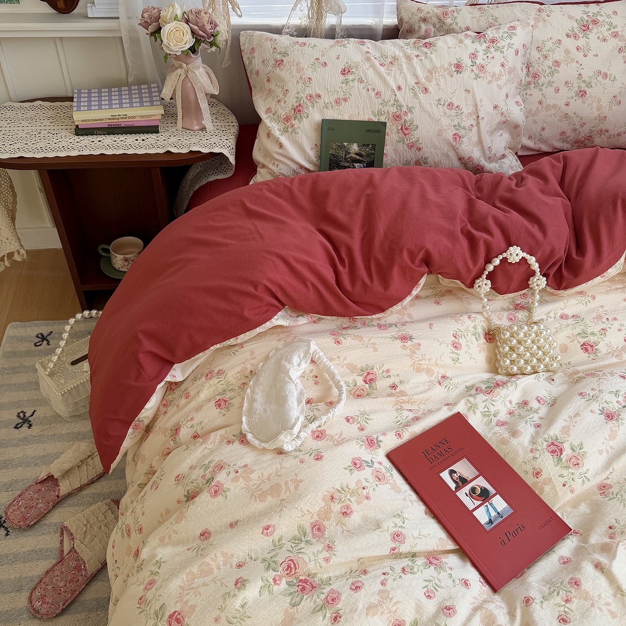 91家纺网 家纺一手货源 找家纺 原素 2026新春ins博主风双拼小碎花花卉水洗棉纱四件套 复古玫瑰