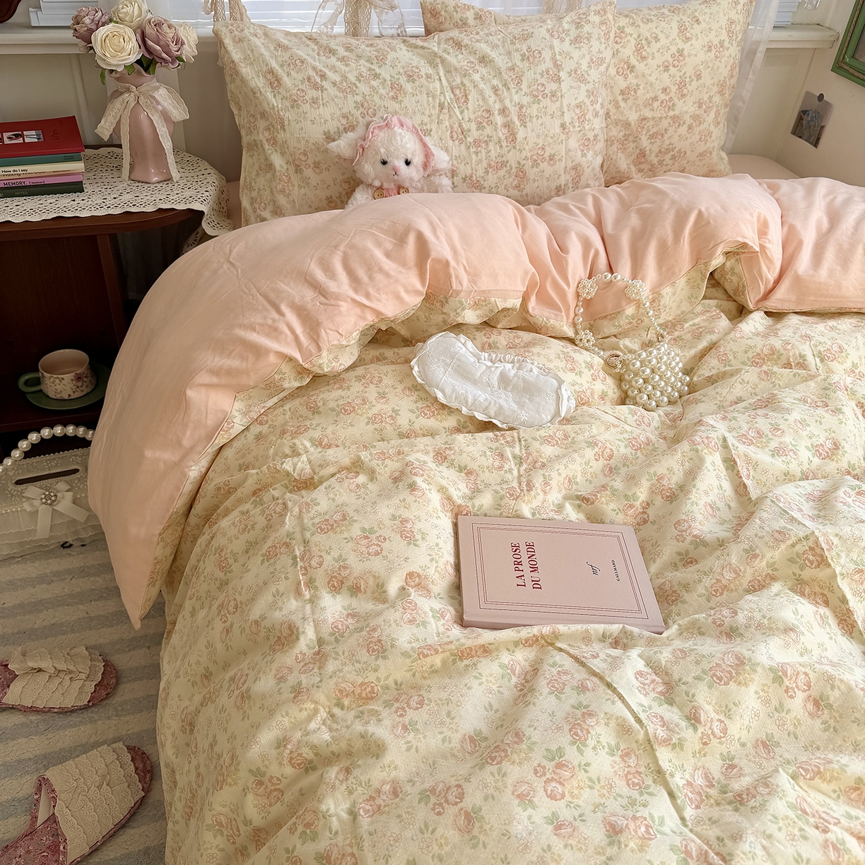 91家纺网 家纺一手货源 找家纺 原素 2026新春ins博主风双拼小碎花花卉水洗棉纱四件套 依恋