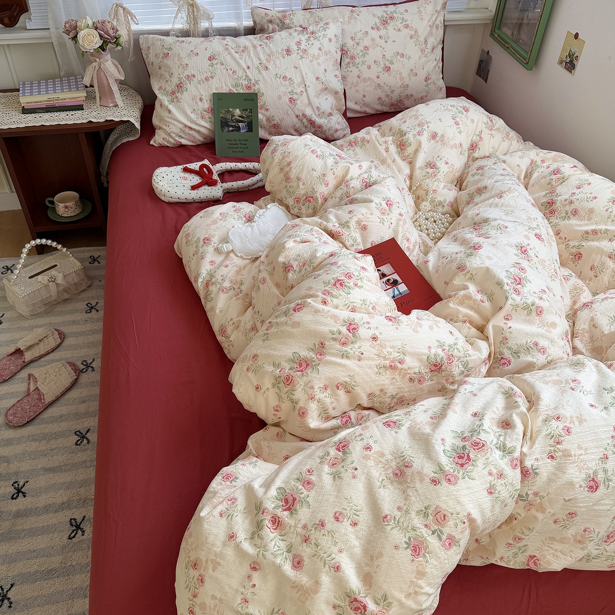 91家纺网 家纺一手货源 找家纺 原素 2026新春ins博主风双拼小碎花花卉水洗棉纱四件套 复古玫瑰