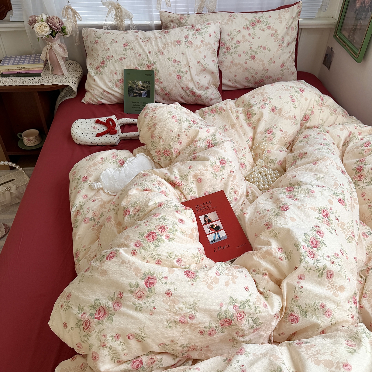 91家纺网 家纺一手货源 找家纺 原素 2026新春ins博主风双拼小碎花花卉水洗棉纱四件套 复古玫瑰