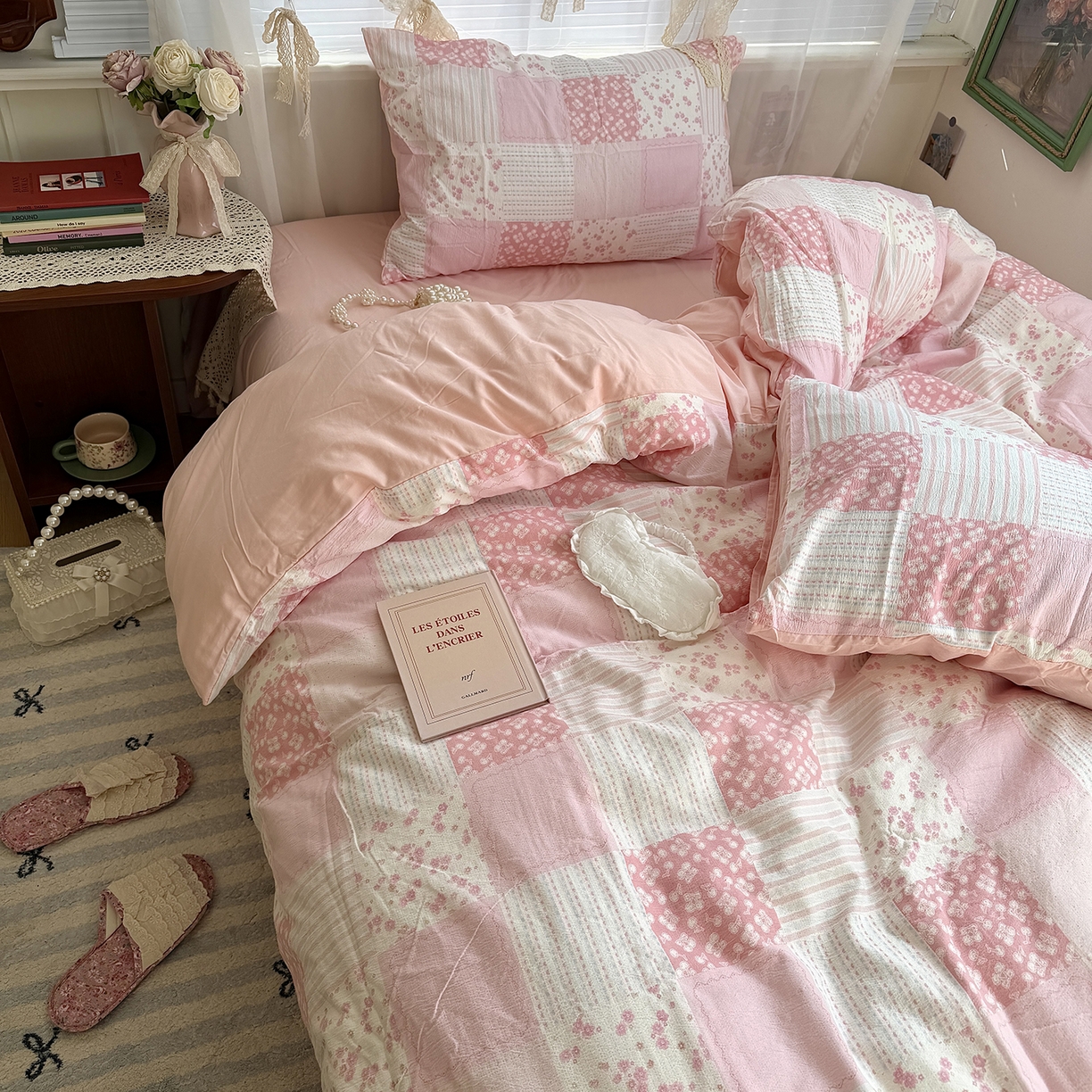 91家纺网 家纺一手货源 找家纺 原素 2026新春ins博主风双拼小碎花花卉水洗棉纱四件套 碎花粉格