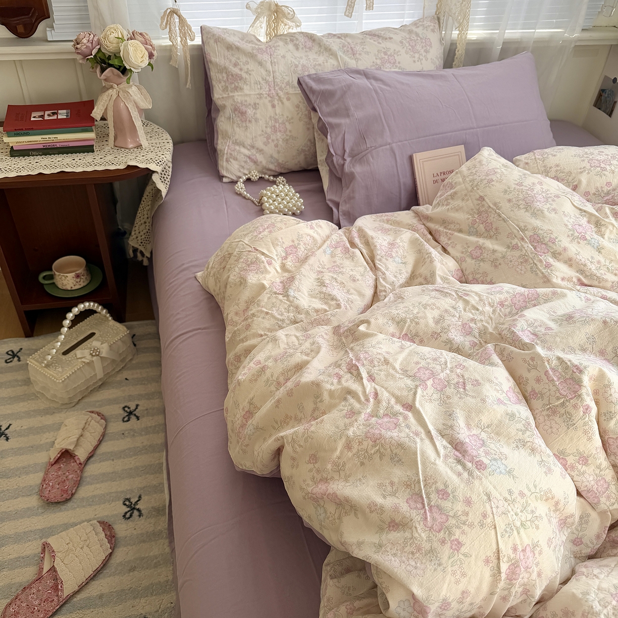 91家纺网 家纺一手货源 找家纺 原素 2026新春ins博主风双拼小碎花花卉水洗棉纱四件套 紫苑