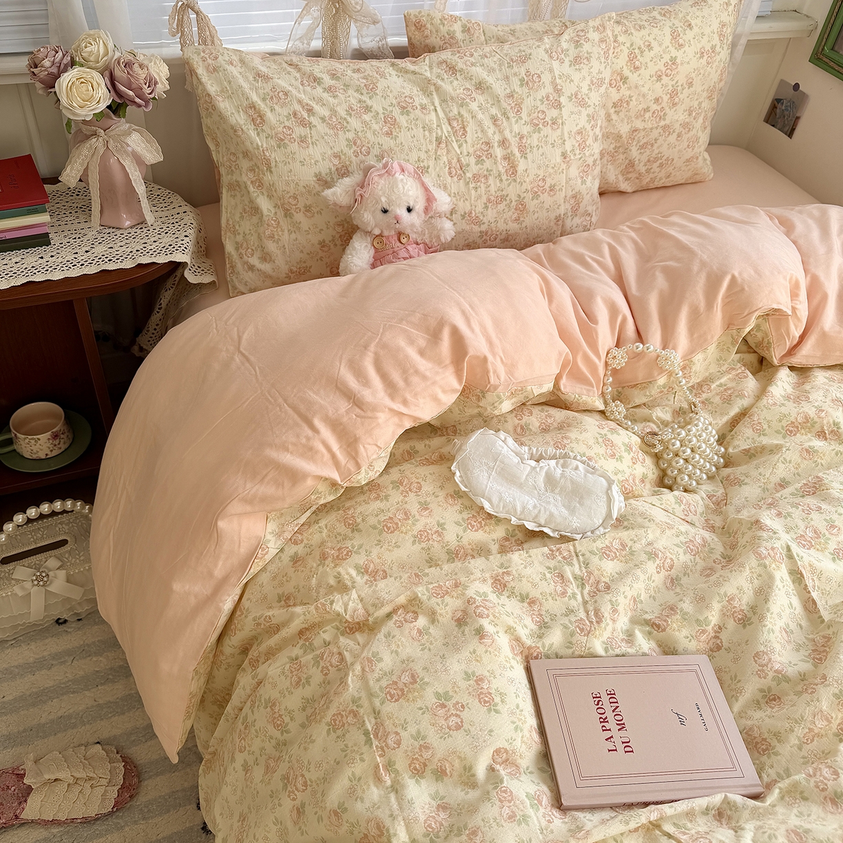 91家纺网 家纺一手货源 找家纺 原素 2026新春ins博主风双拼小碎花花卉水洗棉纱四件套 依恋