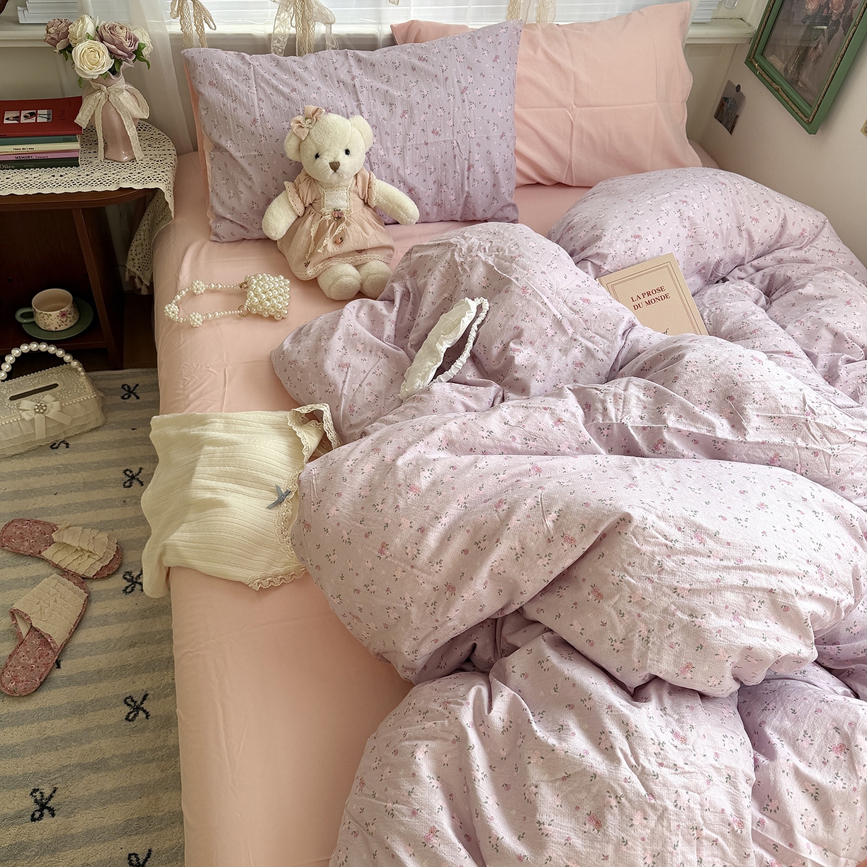 91家纺网 家纺一手货源 找家纺 原素 2026新春ins博主风双拼小碎花花卉水洗棉纱四件套 紫妍