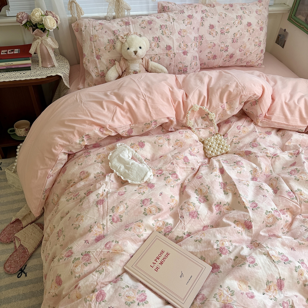 91家纺网 家纺一手货源 找家纺 原素 2026新春ins博主风双拼小碎花花卉水洗棉纱四件套 粉玫瑰