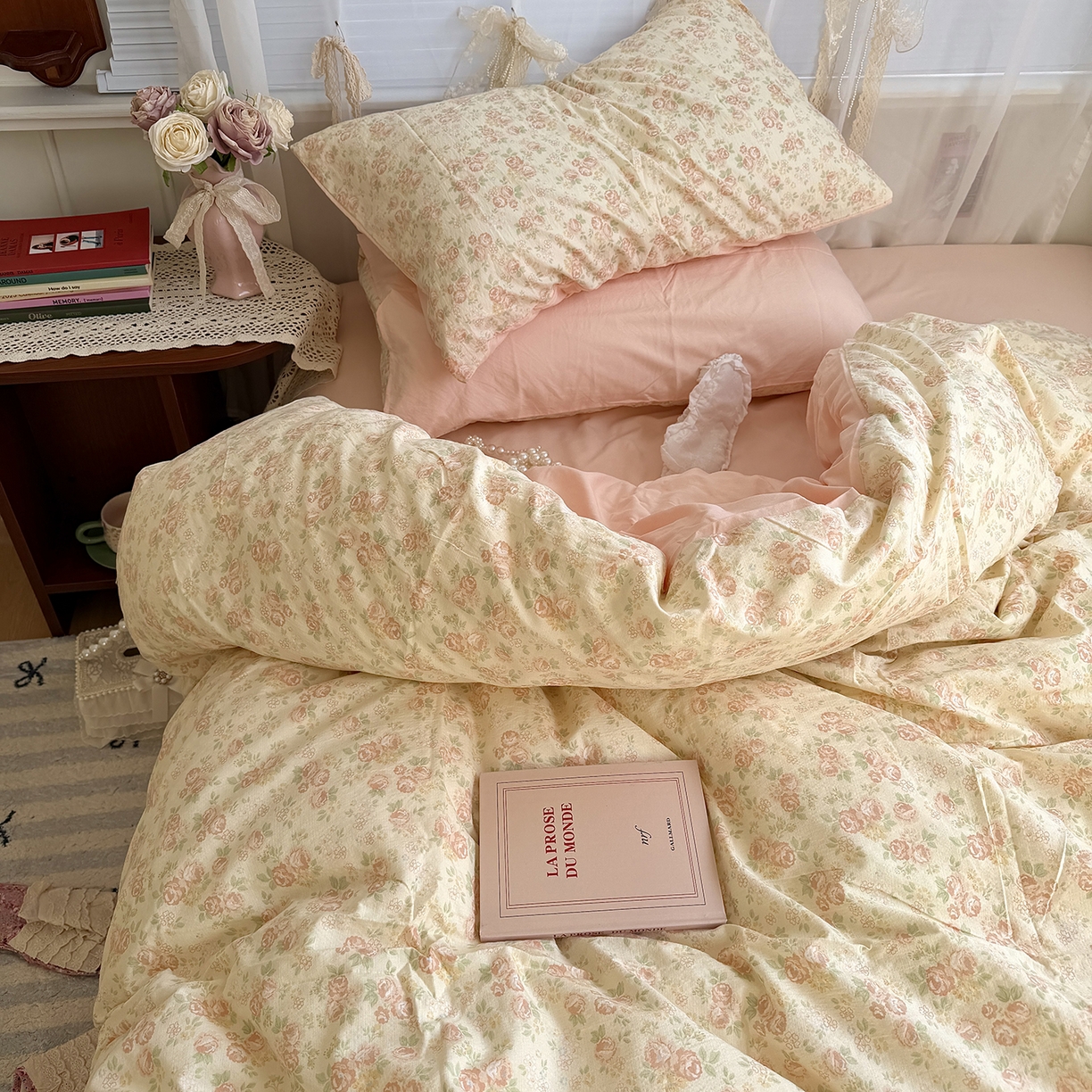 91家纺网 家纺一手货源 找家纺 原素 2026新春ins博主风双拼小碎花花卉水洗棉纱四件套 依恋