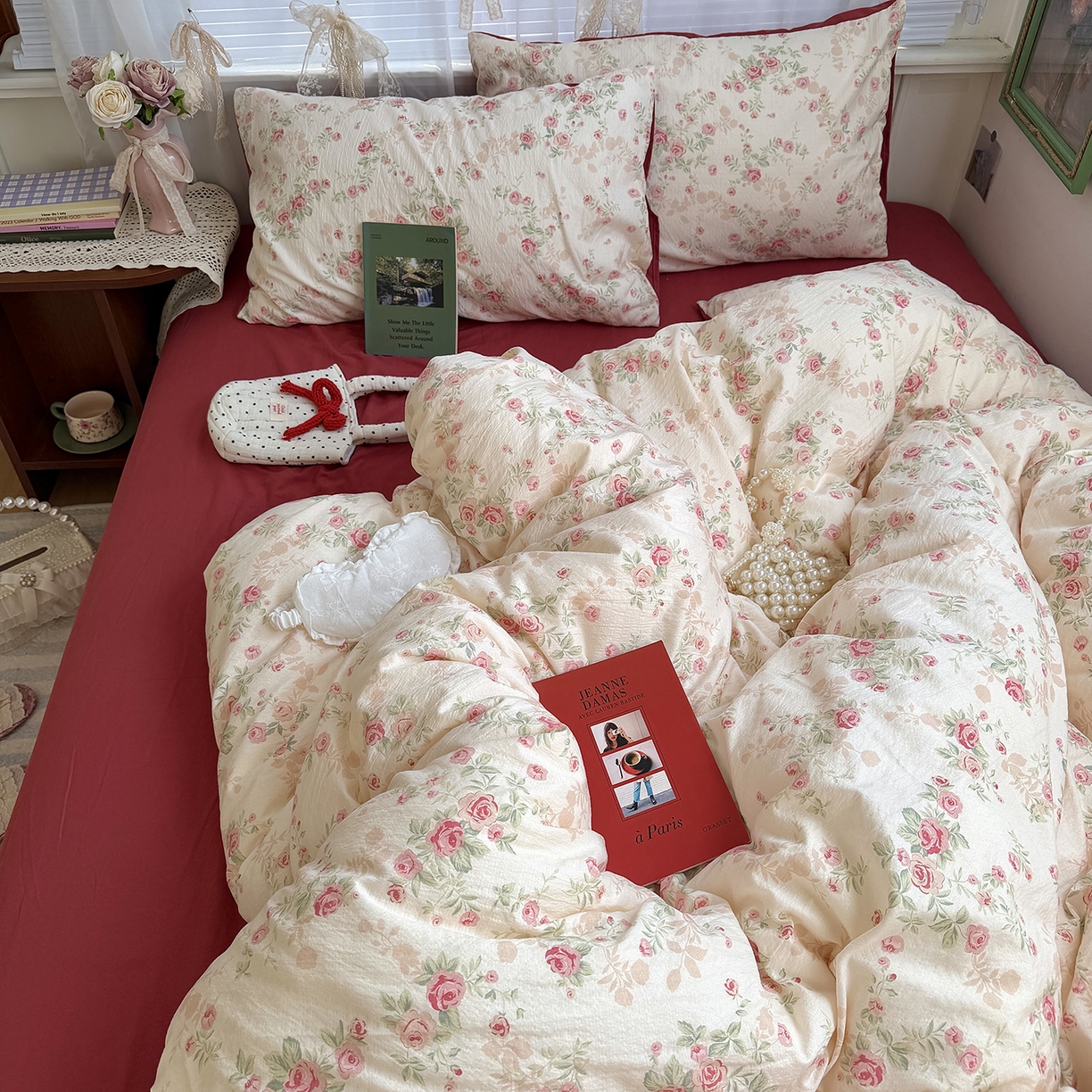 91家纺网 家纺一手货源 找家纺 原素 2026新春ins博主风双拼小碎花花卉水洗棉纱四件套 复古玫瑰