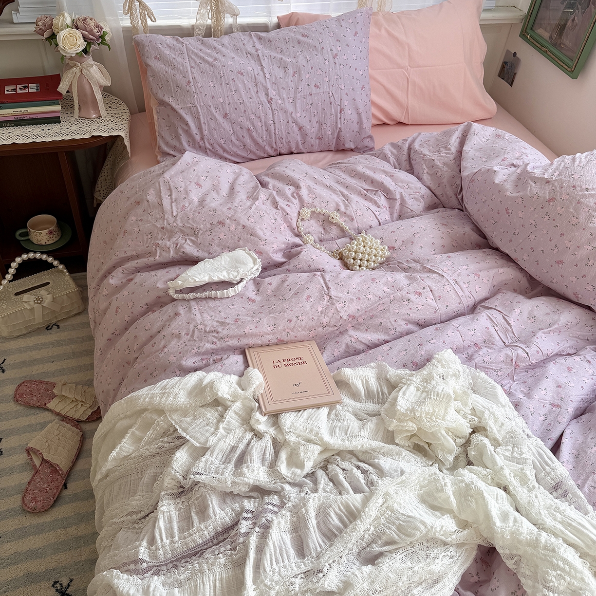 91家纺网 家纺一手货源 找家纺 原素 2026新春ins博主风双拼小碎花花卉水洗棉纱四件套 紫妍