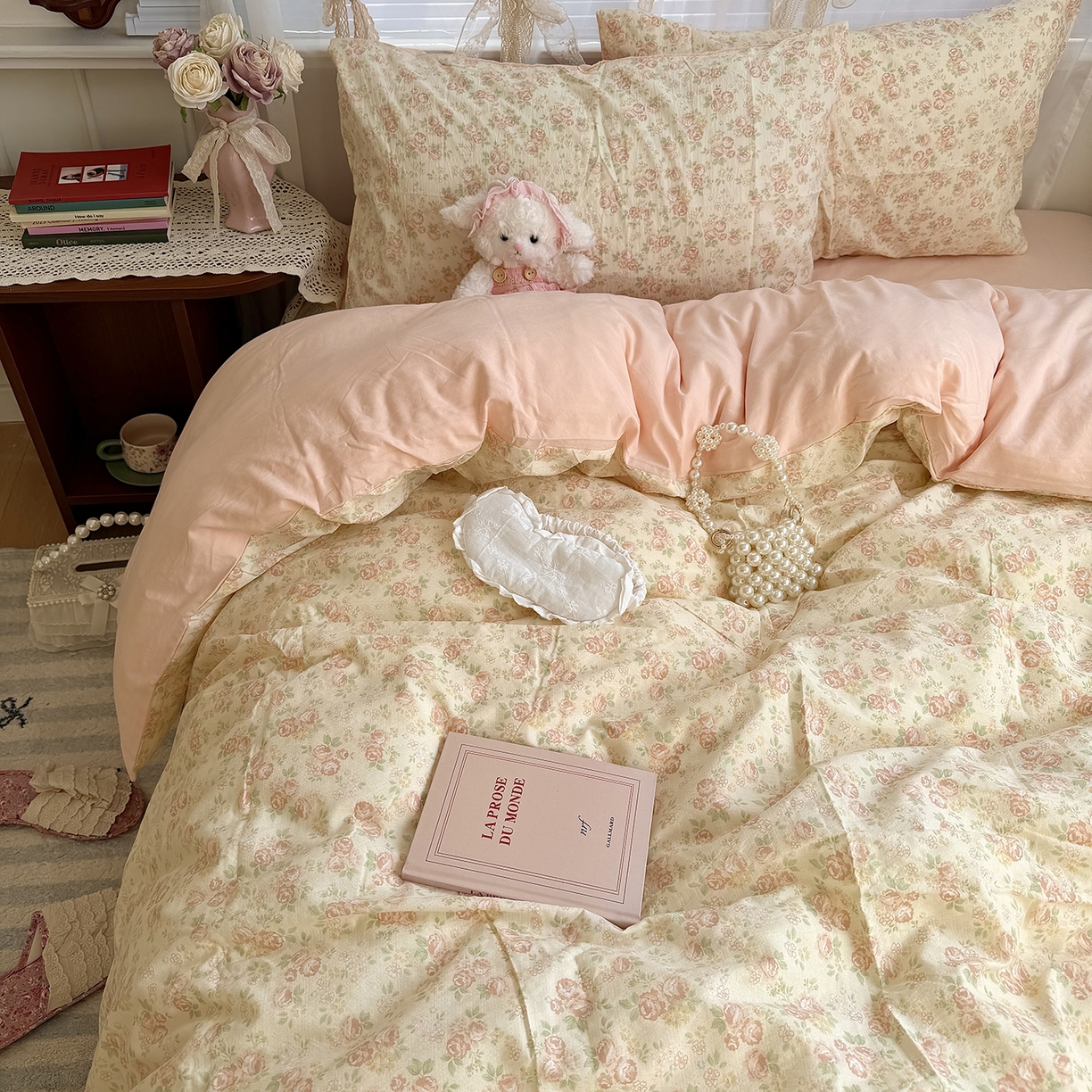 91家纺网 家纺一手货源 找家纺 原素 2026新春ins博主风双拼小碎花花卉水洗棉纱四件套 依恋