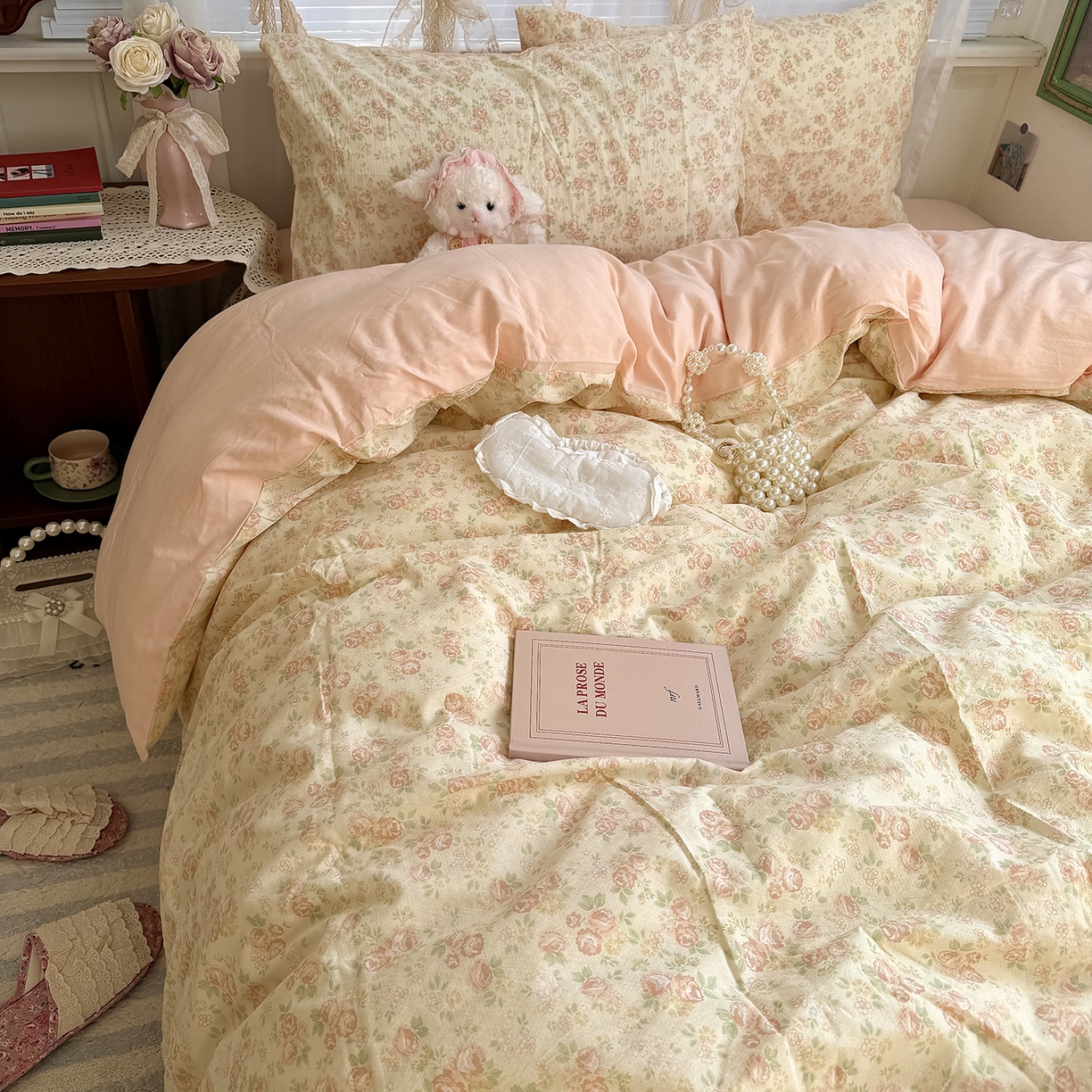 91家纺网 家纺一手货源 找家纺 原素 2026新春ins博主风双拼小碎花花卉水洗棉纱四件套 依恋