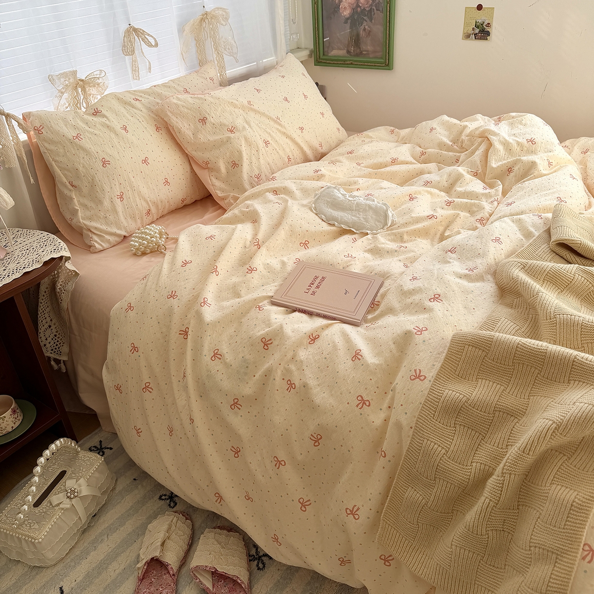 91家纺网 家纺一手货源 找家纺 原素 2026新春ins博主风双拼小碎花花卉水洗棉纱四件套 少女蝴蝶结