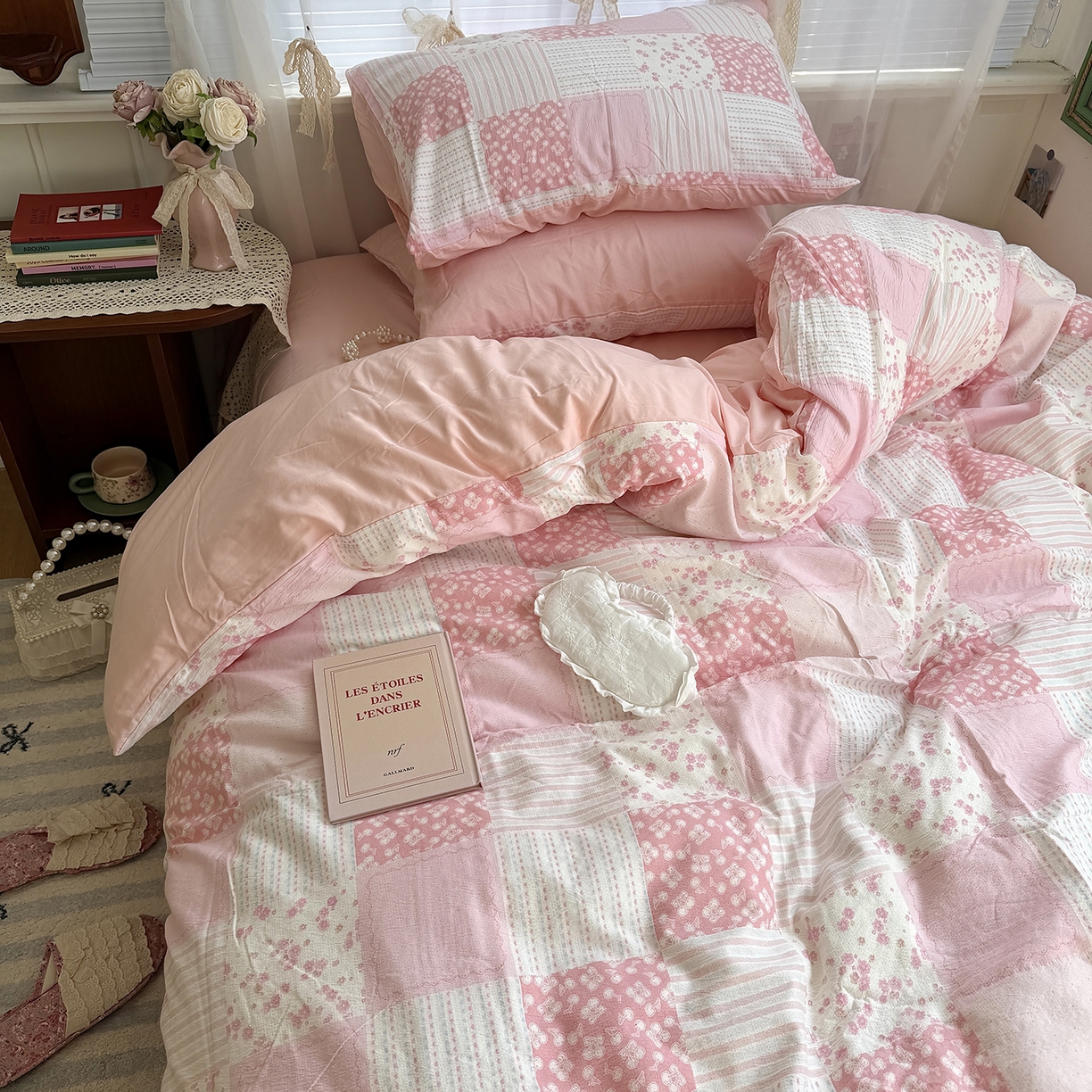 91家纺网 家纺一手货源 找家纺 原素 2026新春ins博主风双拼小碎花花卉水洗棉纱四件套 碎花粉格