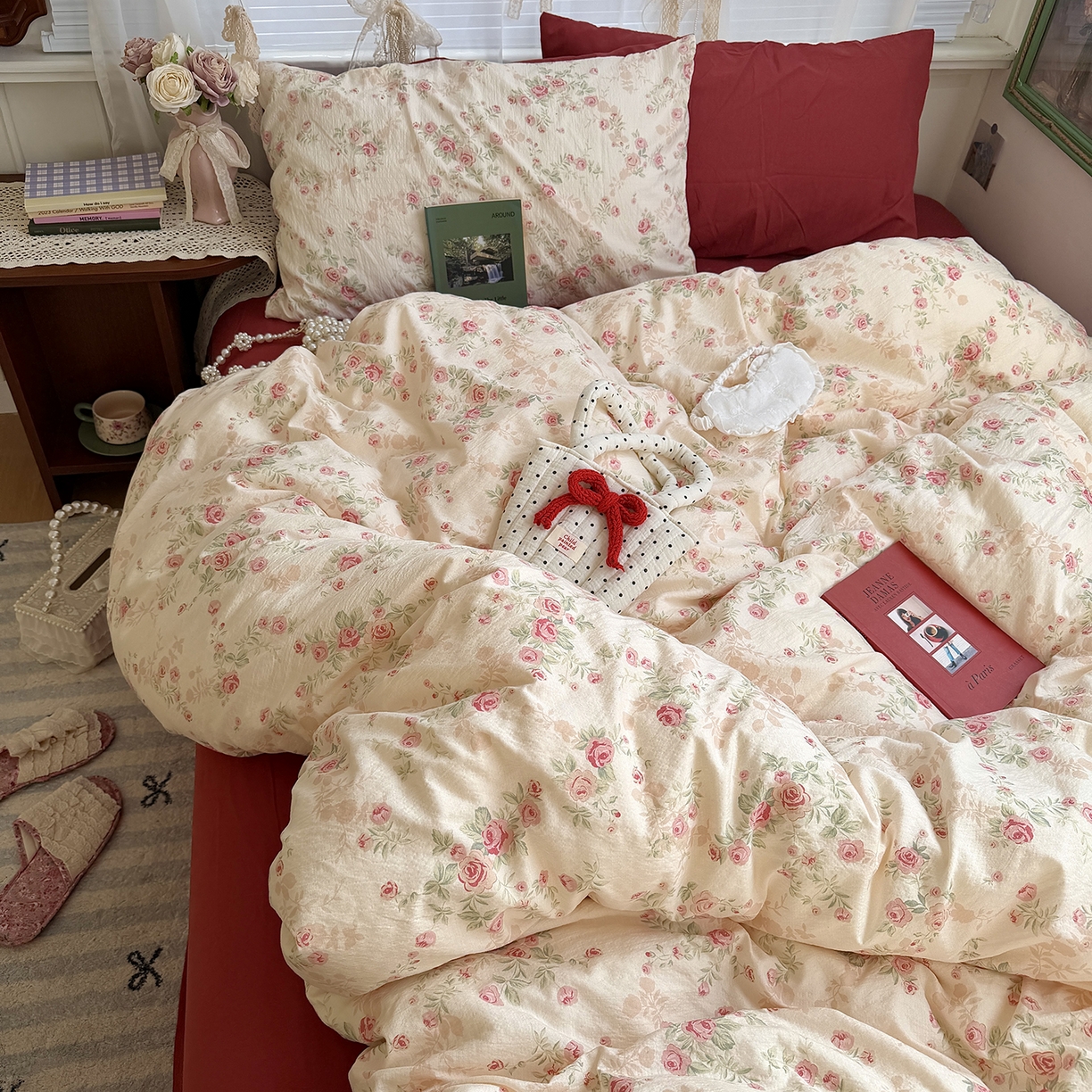 91家纺网 家纺一手货源 找家纺 原素 2026新春ins博主风双拼小碎花花卉水洗棉纱四件套 复古玫瑰