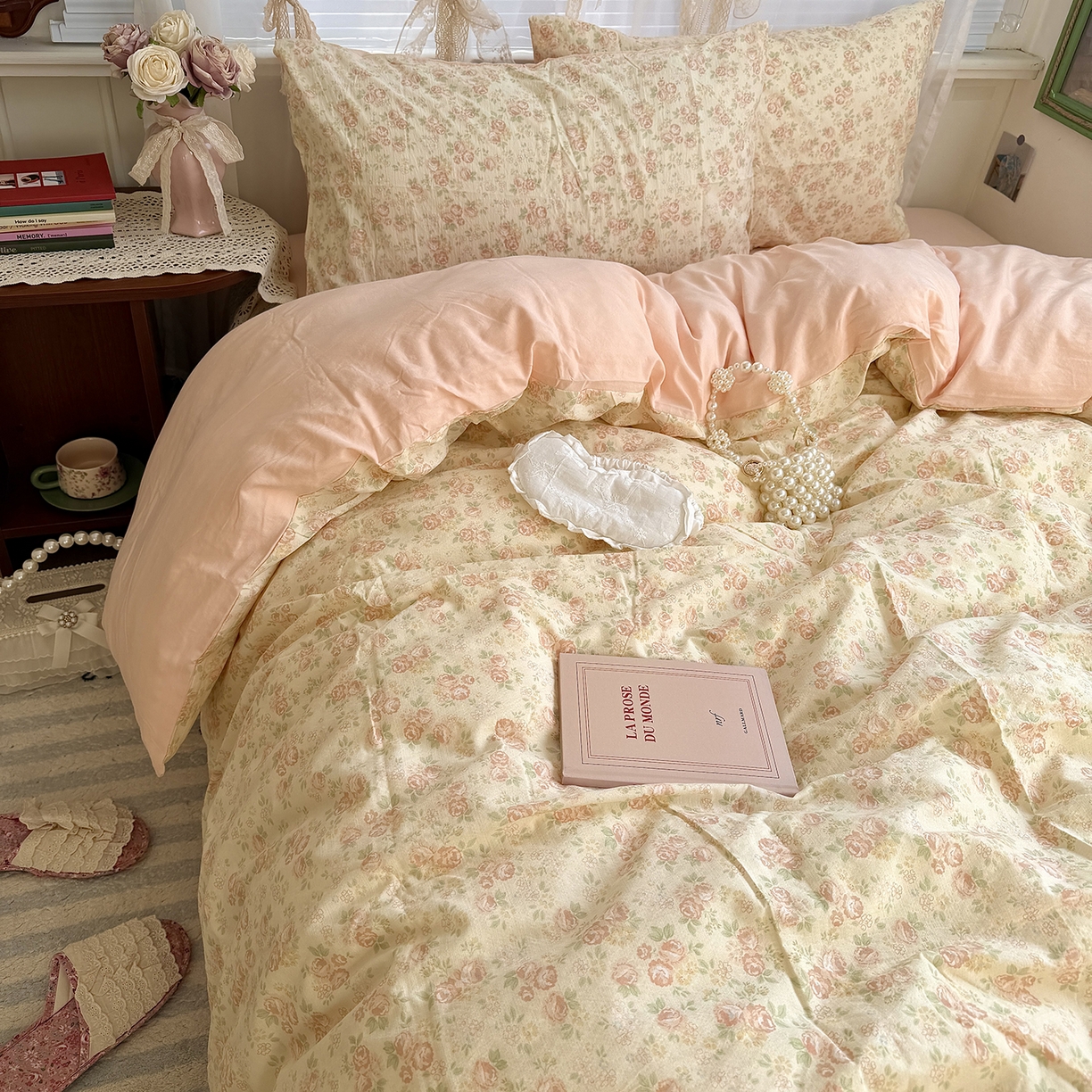 91家纺网 家纺一手货源 找家纺 原素 2026新春ins博主风双拼小碎花花卉水洗棉纱四件套 依恋