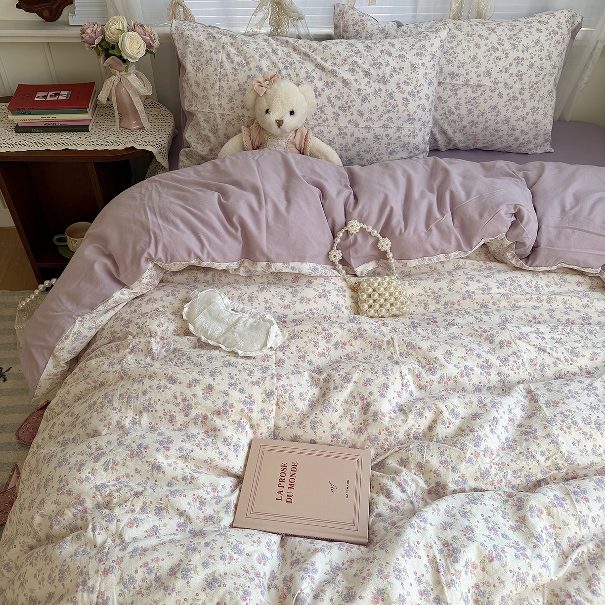 91家纺网 家纺一手货源 找家纺 原素 2026新春ins博主风双拼小碎花花卉水洗棉纱四件套 花团紫