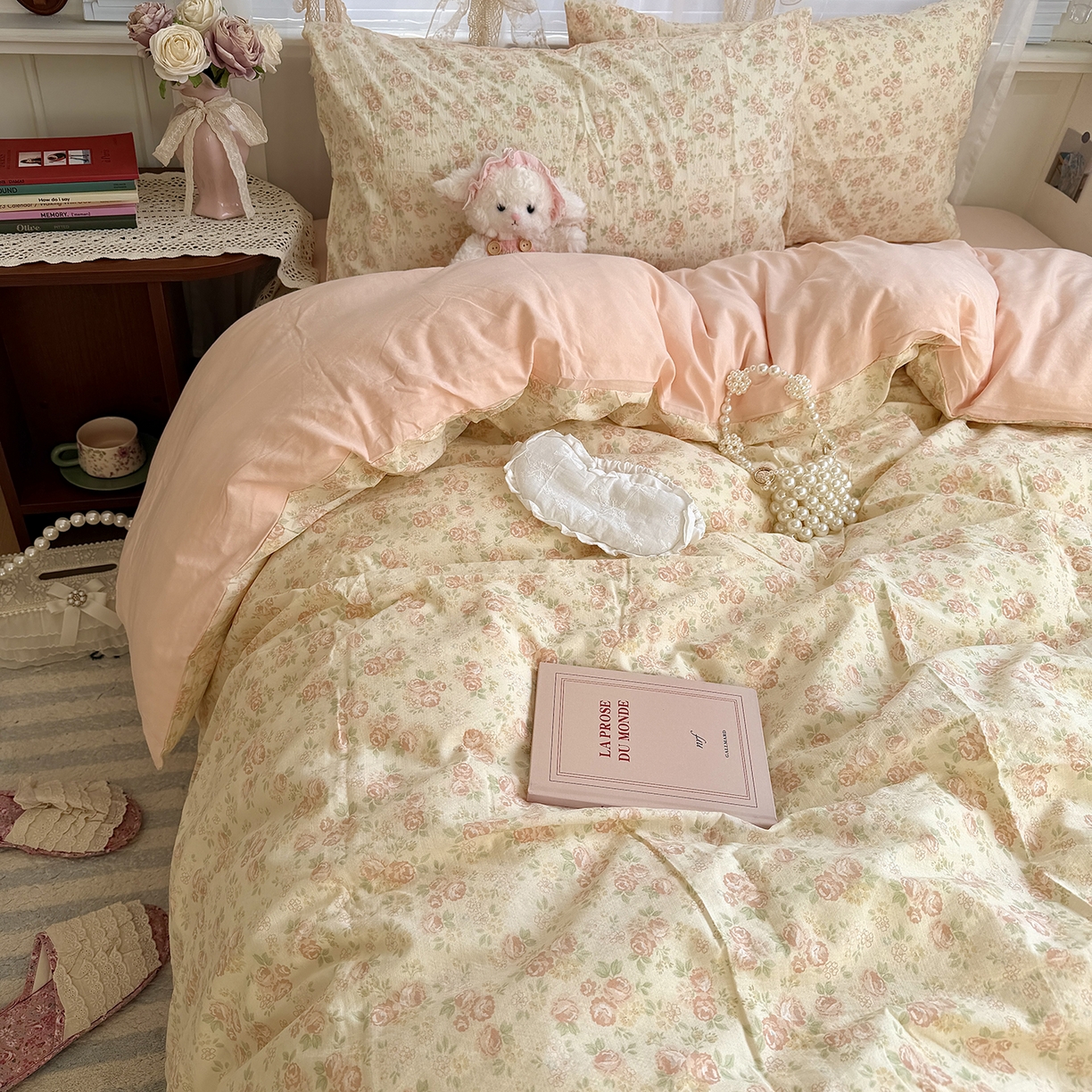 91家纺网 家纺一手货源 找家纺 原素 2026新春ins博主风双拼小碎花花卉水洗棉纱四件套 依恋