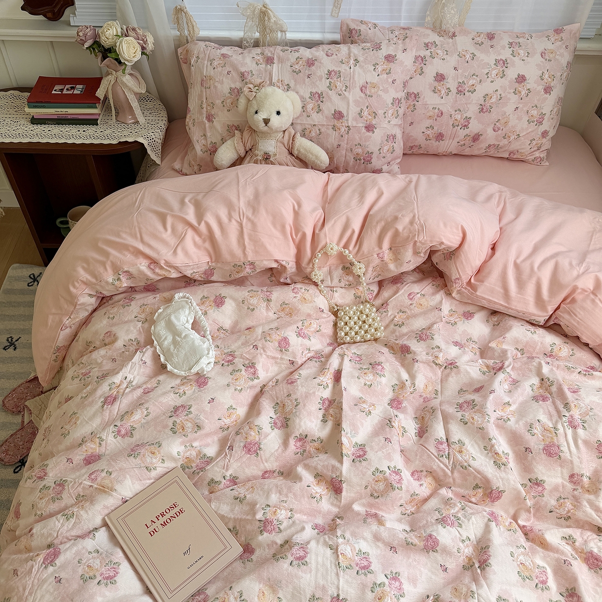 91家纺网 家纺一手货源 找家纺 原素 2026新春ins博主风双拼小碎花花卉水洗棉纱四件套 粉玫瑰