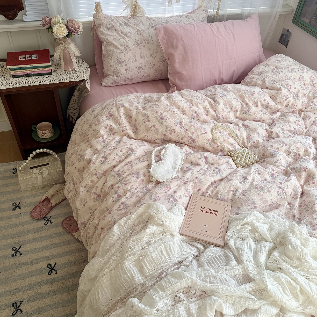 91家纺网 家纺一手货源 找家纺 原素 2026新春ins博主风双拼小碎花花卉水洗棉纱四件套 胭脂粉