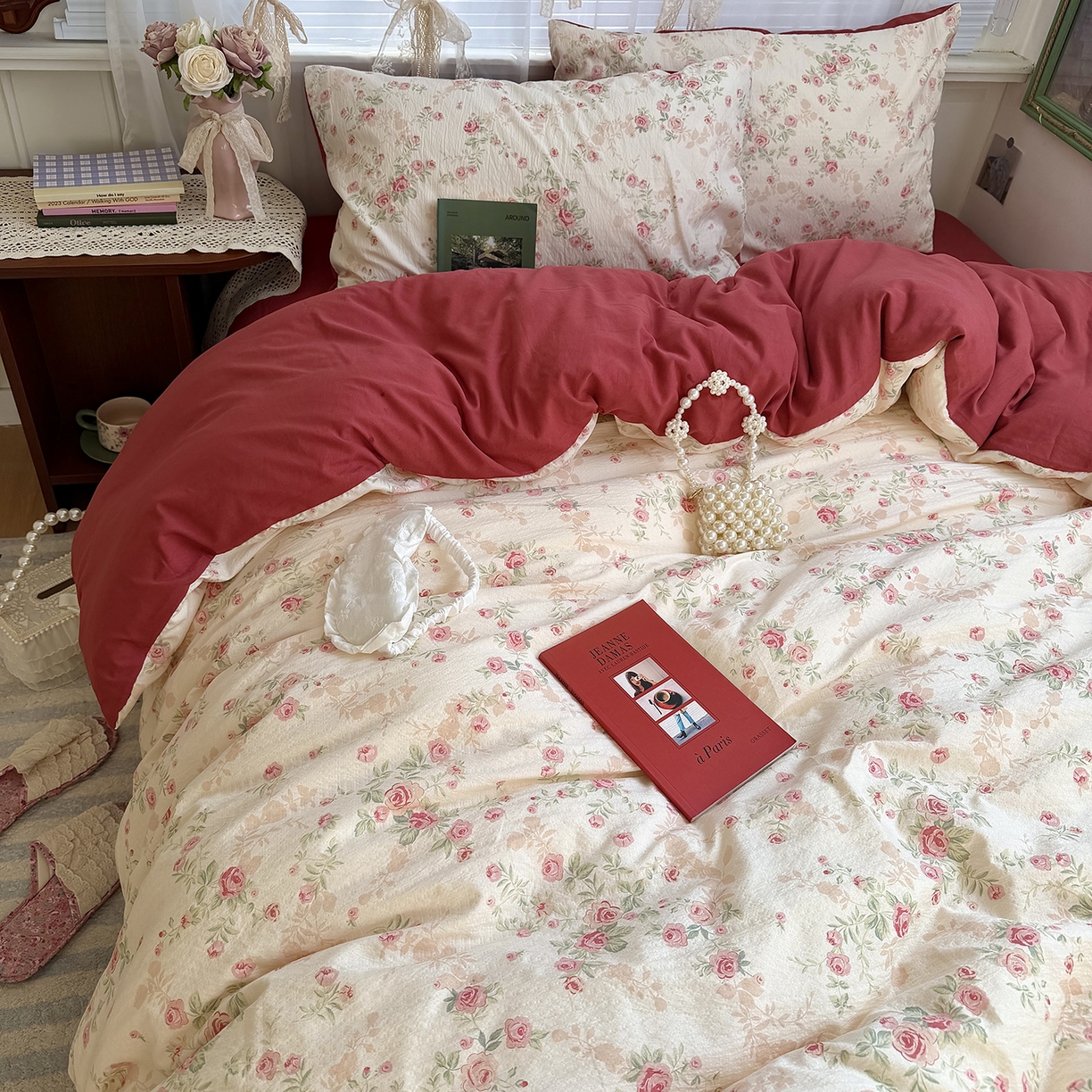 91家纺网 家纺一手货源 找家纺 原素 2026新春ins博主风双拼小碎花花卉水洗棉纱四件套 复古玫瑰