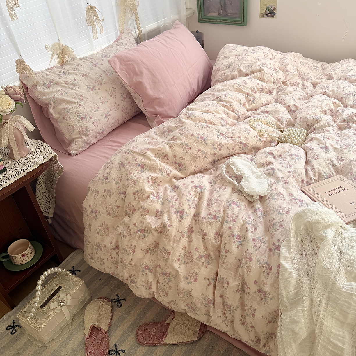 91家纺网 家纺一手货源 找家纺 原素 2026新春ins博主风双拼小碎花花卉水洗棉纱四件套 胭脂粉