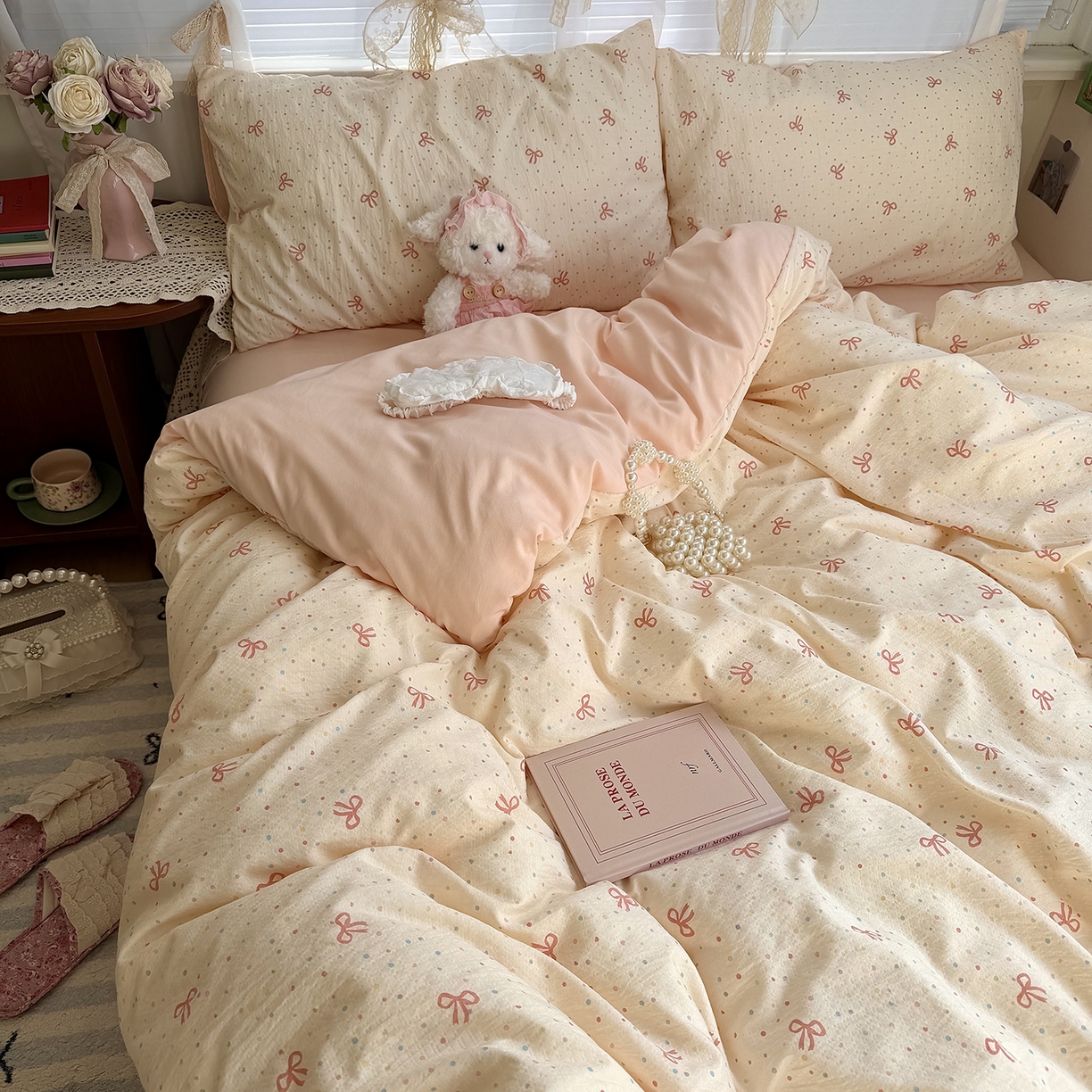 91家纺网 家纺一手货源 找家纺 原素 2026新春ins博主风双拼小碎花花卉水洗棉纱四件套 少女蝴蝶结