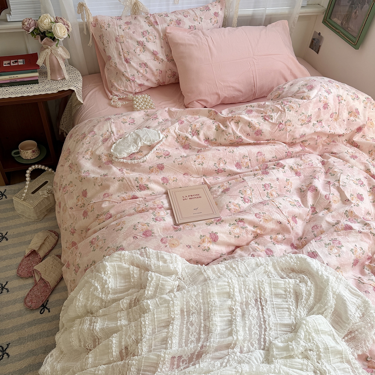 91家纺网 家纺一手货源 找家纺 原素 2026新春ins博主风双拼小碎花花卉水洗棉纱四件套 粉玫瑰