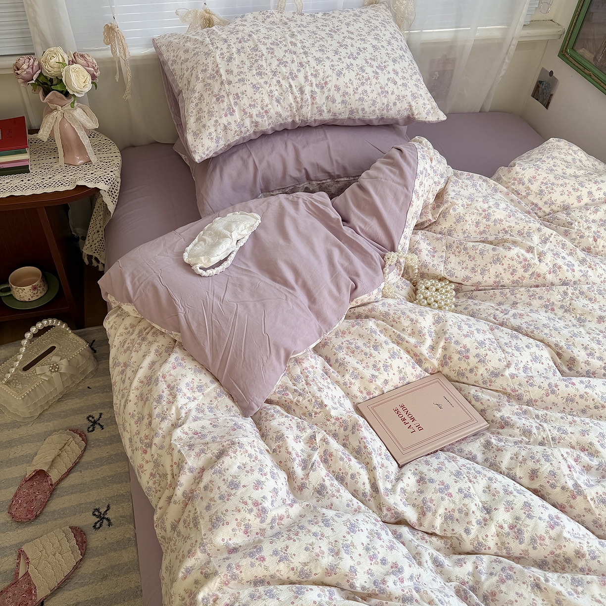 91家纺网 家纺一手货源 找家纺 原素 2026新春ins博主风双拼小碎花花卉水洗棉纱四件套 花团紫