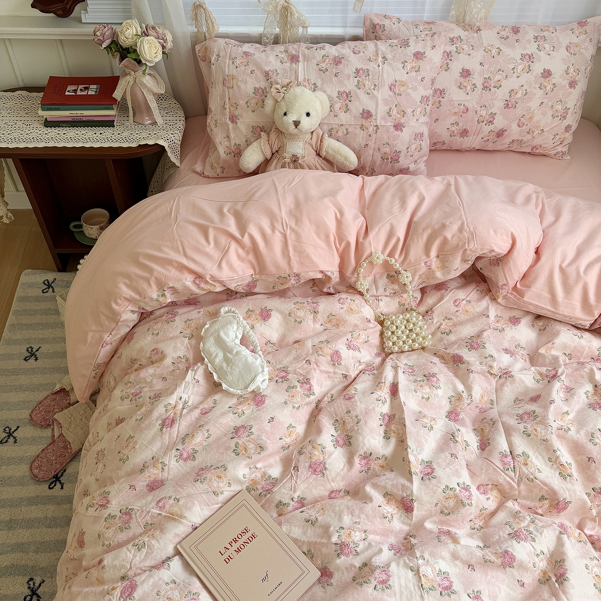 91家纺网 家纺一手货源 找家纺 原素 2026新春ins博主风双拼小碎花花卉水洗棉纱四件套 粉玫瑰